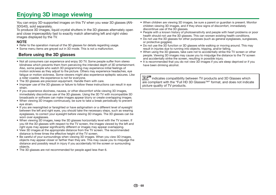 Enjoying 3d image viewing, Before using the 3d glasses | Sharp LC-90LE757K User Manual | Page 70 / 94