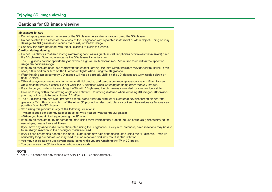 Cautions for 3d image viewing | Sharp LC-90LE757K User Manual | Page 74 / 94