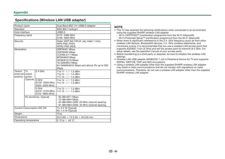 Specifications (wireless lan usb adapter) | Sharp LC-90LE757K User Manual | Page 87 / 94