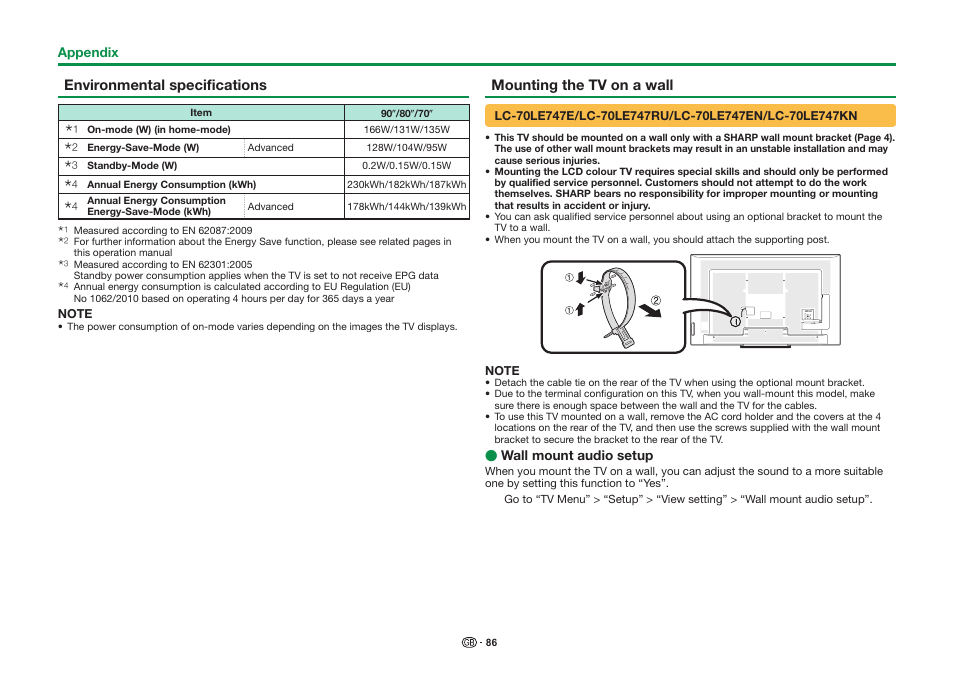 Environmental specifications, Mounting the tv on a wall | Sharp LC-90LE757K User Manual | Page 88 / 94