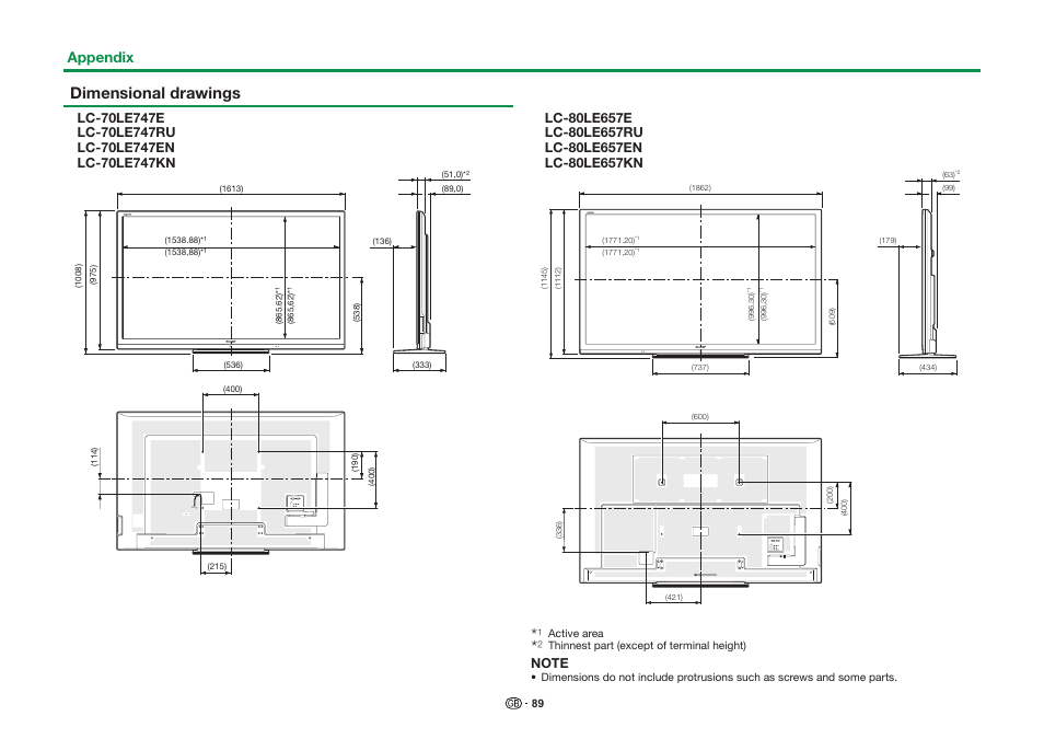 Dimensional drawings, Appendix | Sharp LC-90LE757K User Manual | Page 91 / 94