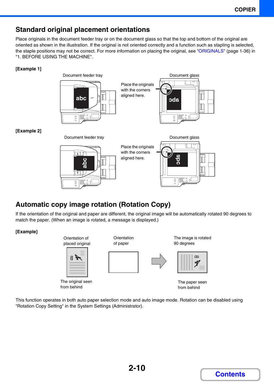 Contents standard original placement orientations, Automatic copy image rotation (rotation copy) | Sharp MX-M264N User Manual | Page 108 / 794