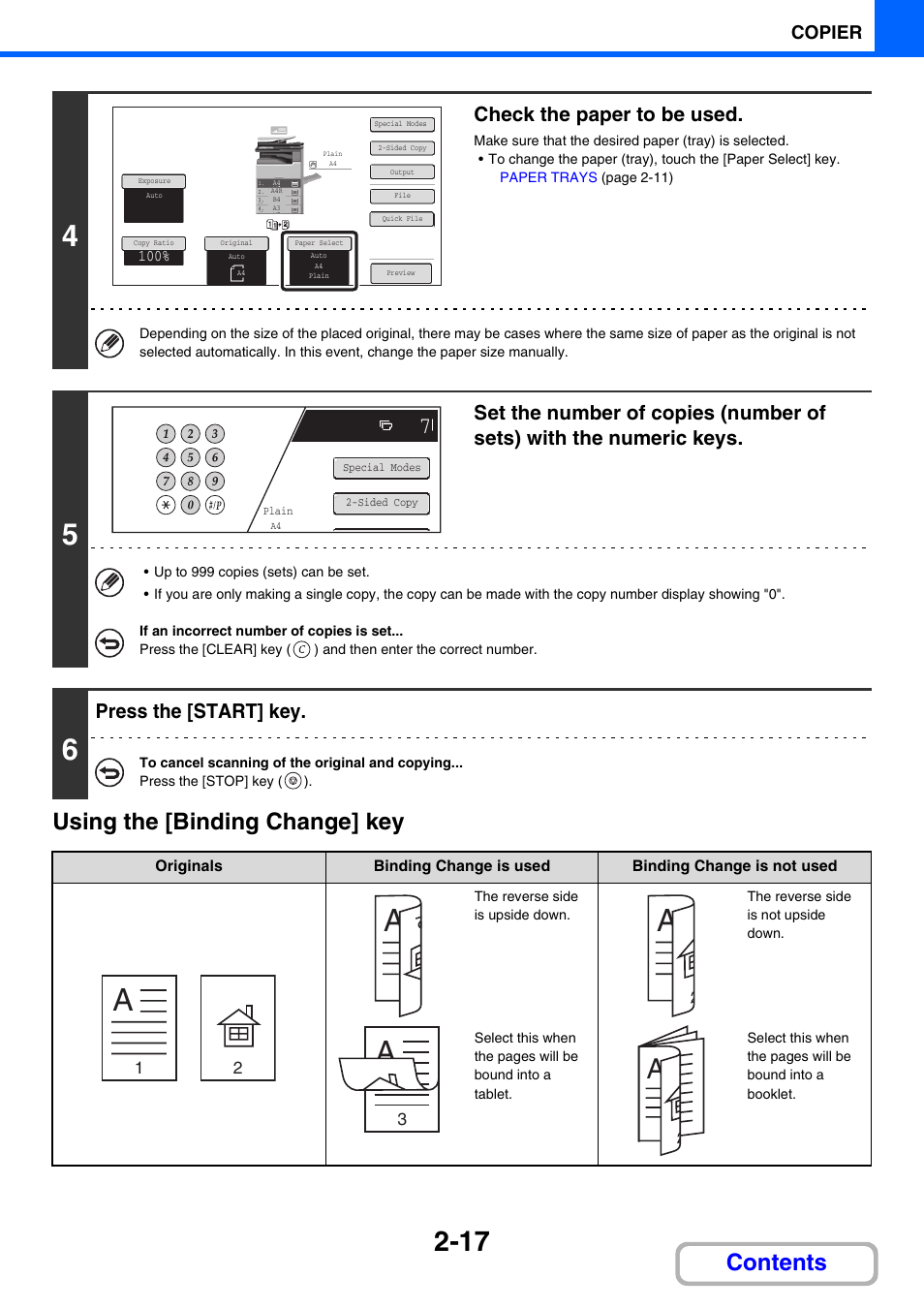 Using the [binding change] key, Contents using the [binding change] key, Check the paper to be used | Press the [start] key, Copier | Sharp MX-M264N User Manual | Page 115 / 794