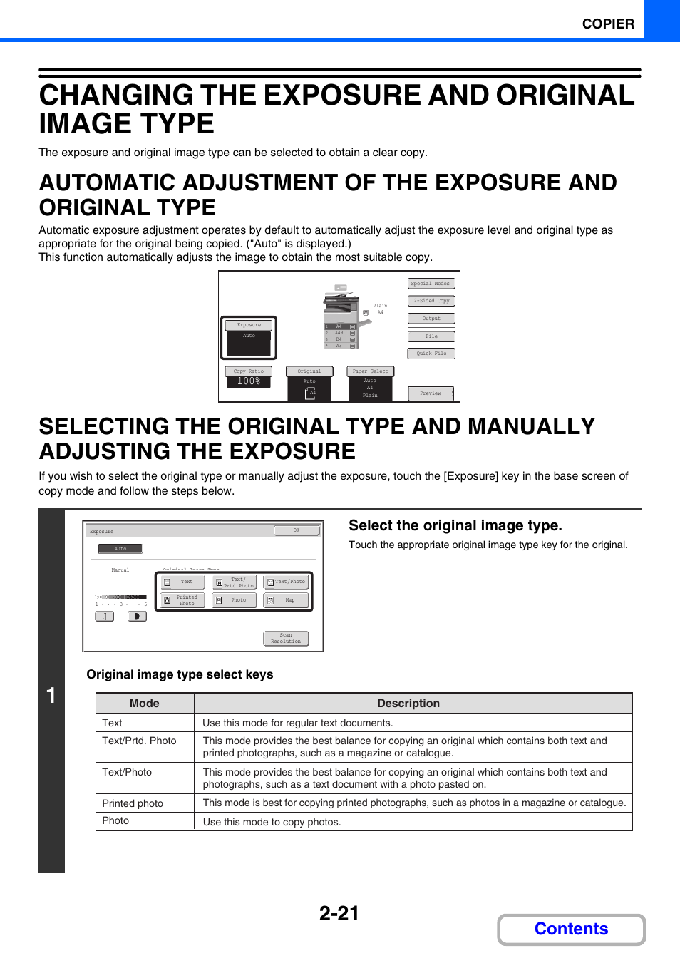 Changing the exposure and original image type -21, Automatic adjustment of the, Exposure and original type -21 | Selecting the original type and, Manually adjusting the exposure -21, Changing the exposure and original image type, E 2-21), Changing the exposure, And original image type, Ge 2-21 | Sharp MX-M264N User Manual | Page 119 / 794