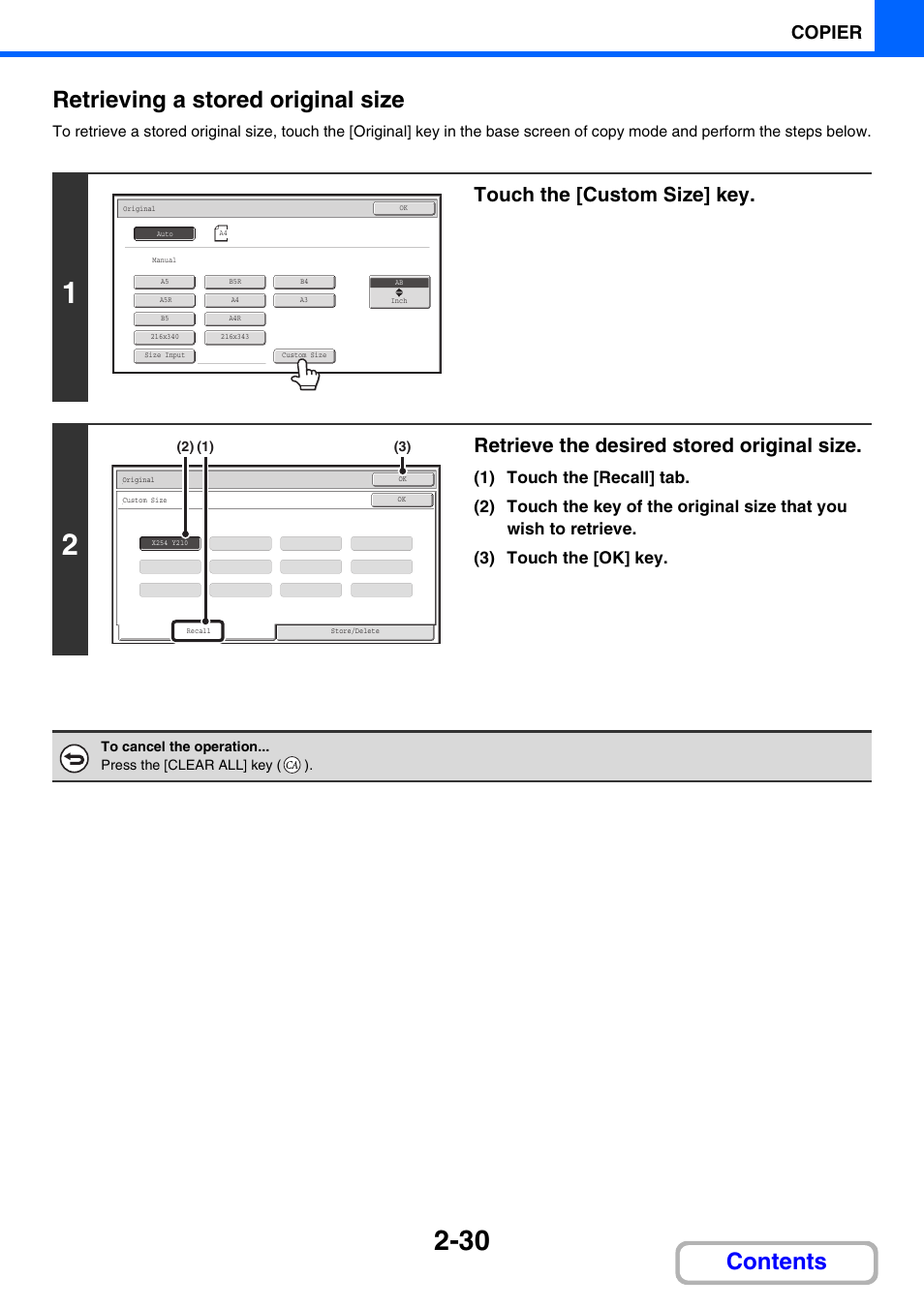 Contents retrieving a stored original size, Touch the [custom size] key, Retrieve the desired stored original size | Copier | Sharp MX-M264N User Manual | Page 128 / 794