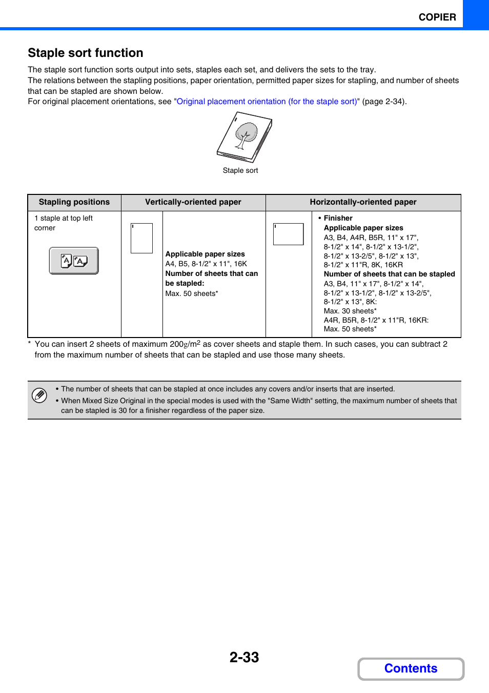 Staple sort function, E 2-33, Contents staple sort function | Sharp MX-M264N User Manual | Page 131 / 794