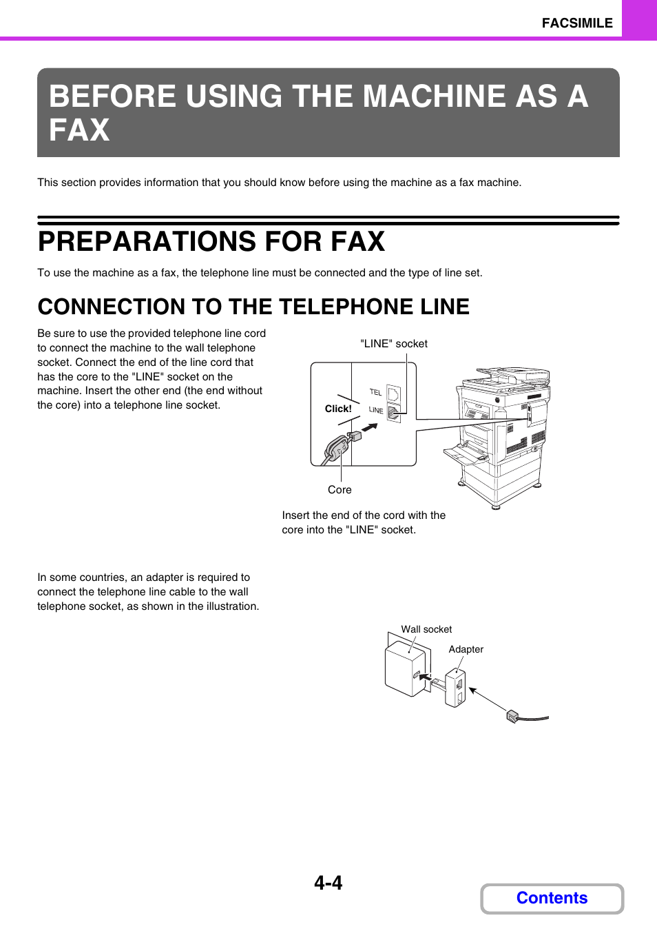 Before using the machine as a fax, Preparations for fax -4, Connection to the telephone | Line -4, Preparations for fax, Connection to the telephone line | Sharp MX-M264N User Manual | Page 314 / 794