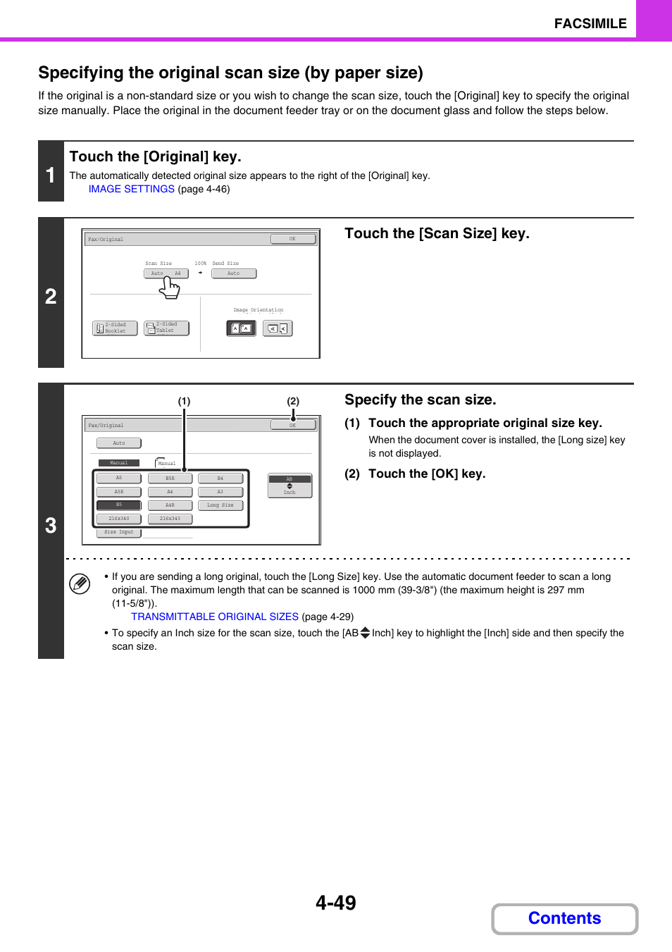 Specifying the original scan size (by paper size), E 4-49), Touch the [original] key | Touch the [scan size] key, Specify the scan size, Facsimile, 1) touch the appropriate original size key, 2) touch the [ok] key | Sharp MX-M264N User Manual | Page 359 / 794