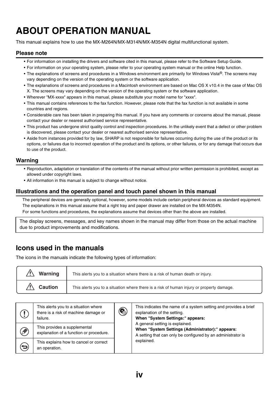 About operation manual, Icons used in the manuals, Warning | Sharp MX-M264N User Manual | Page 41 / 794