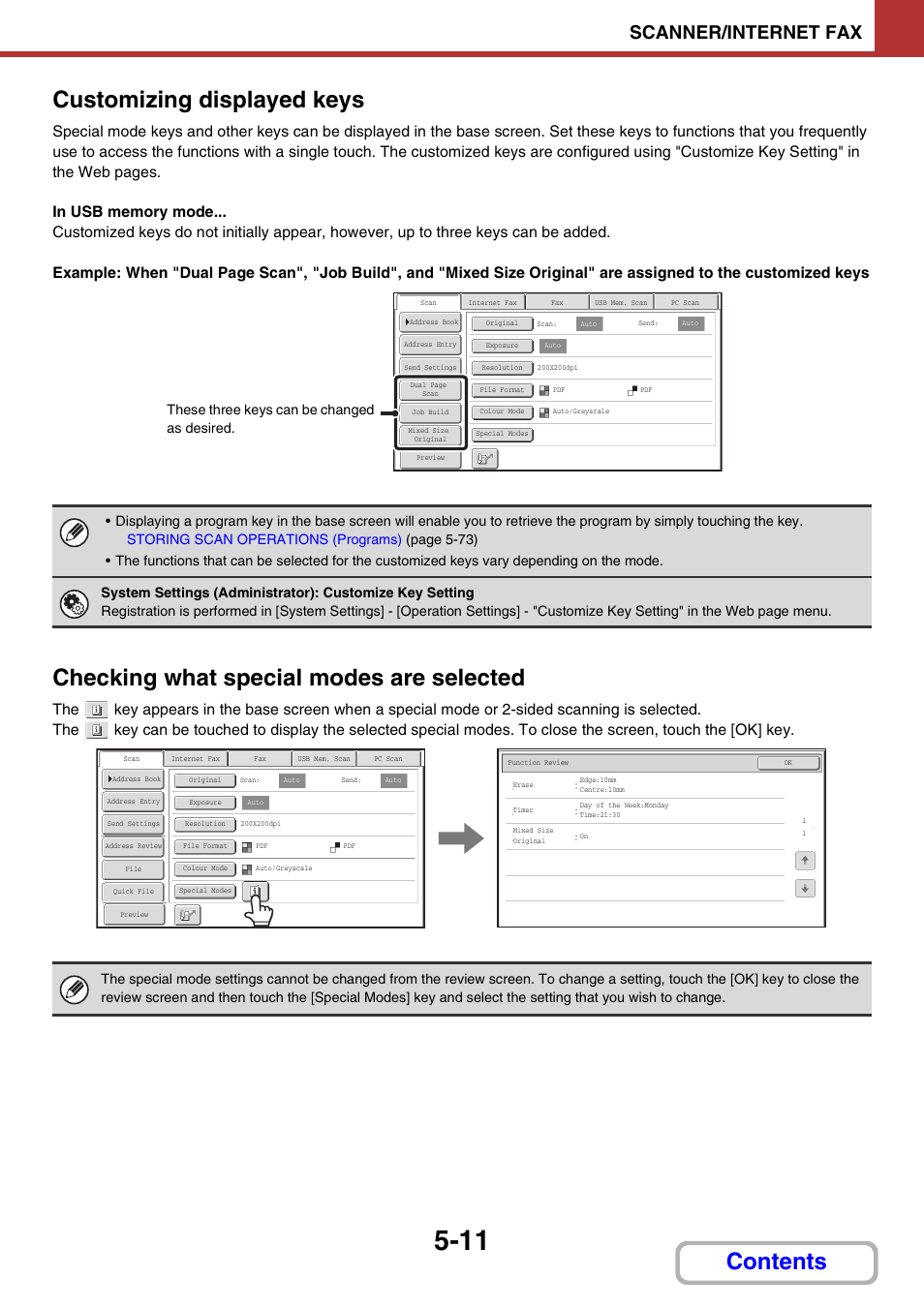 Customizing displayed keys, Checking what special modes are selected, Contents customizing displayed keys | Scanner/internet fax, These three keys can be changed as desired | Sharp MX-M264N User Manual | Page 459 / 794