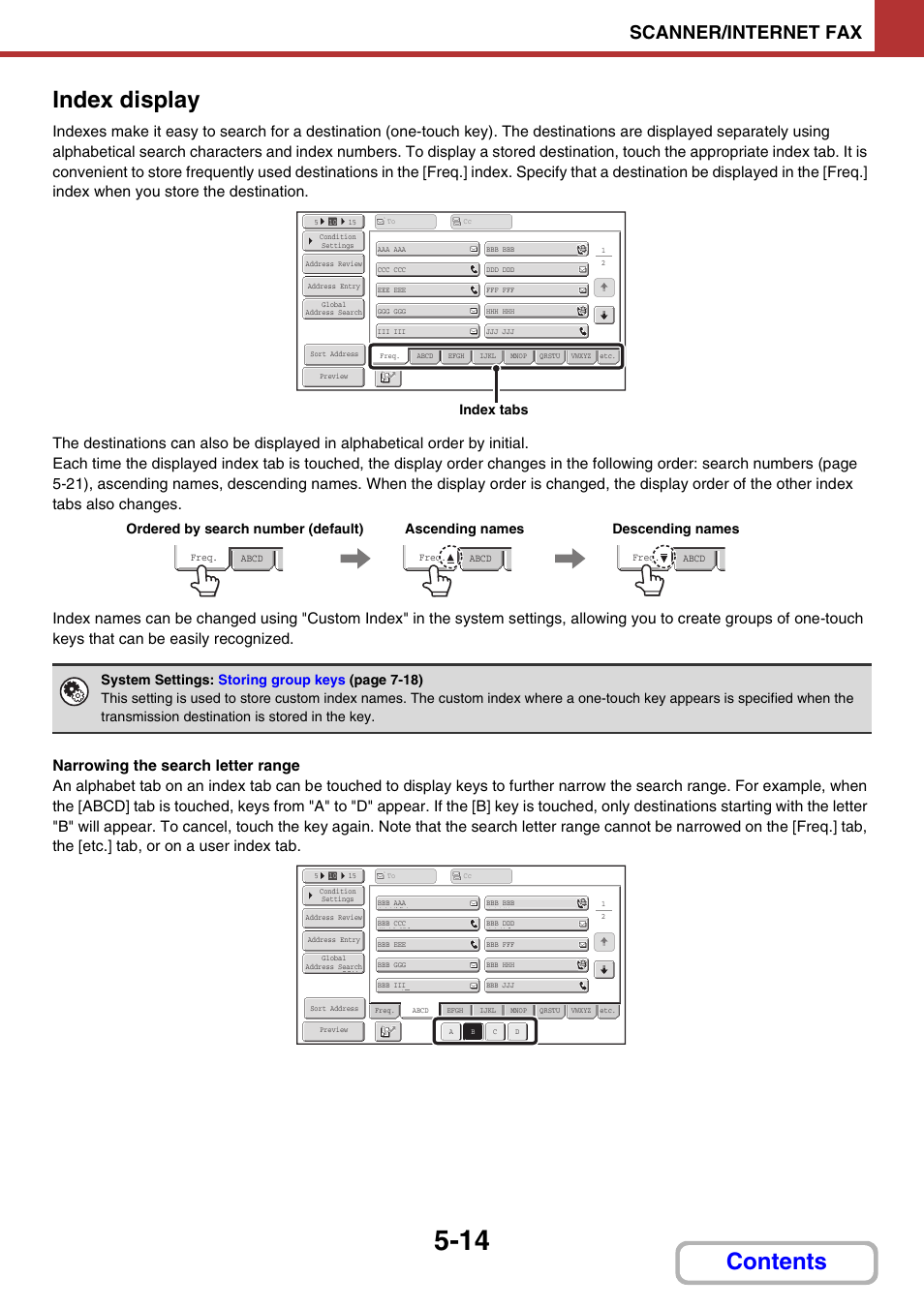 Index display, E 5-14, Contents index display | Scanner/internet fax, Index tabs | Sharp MX-M264N User Manual | Page 462 / 794