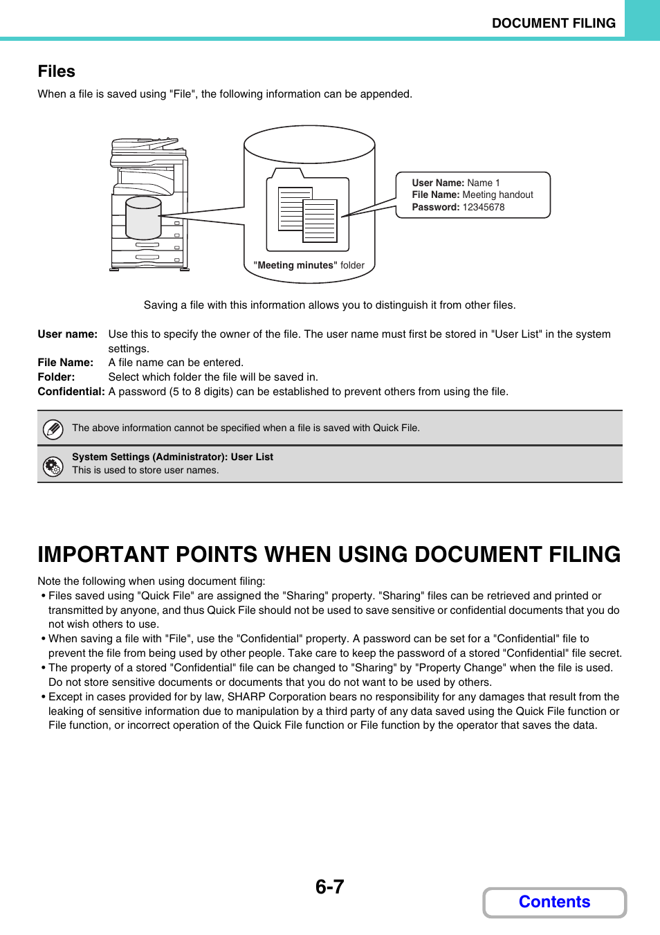 Important points when using, Document filing -7, Important points when using document filing | Contents files | Sharp MX-M264N User Manual | Page 587 / 794