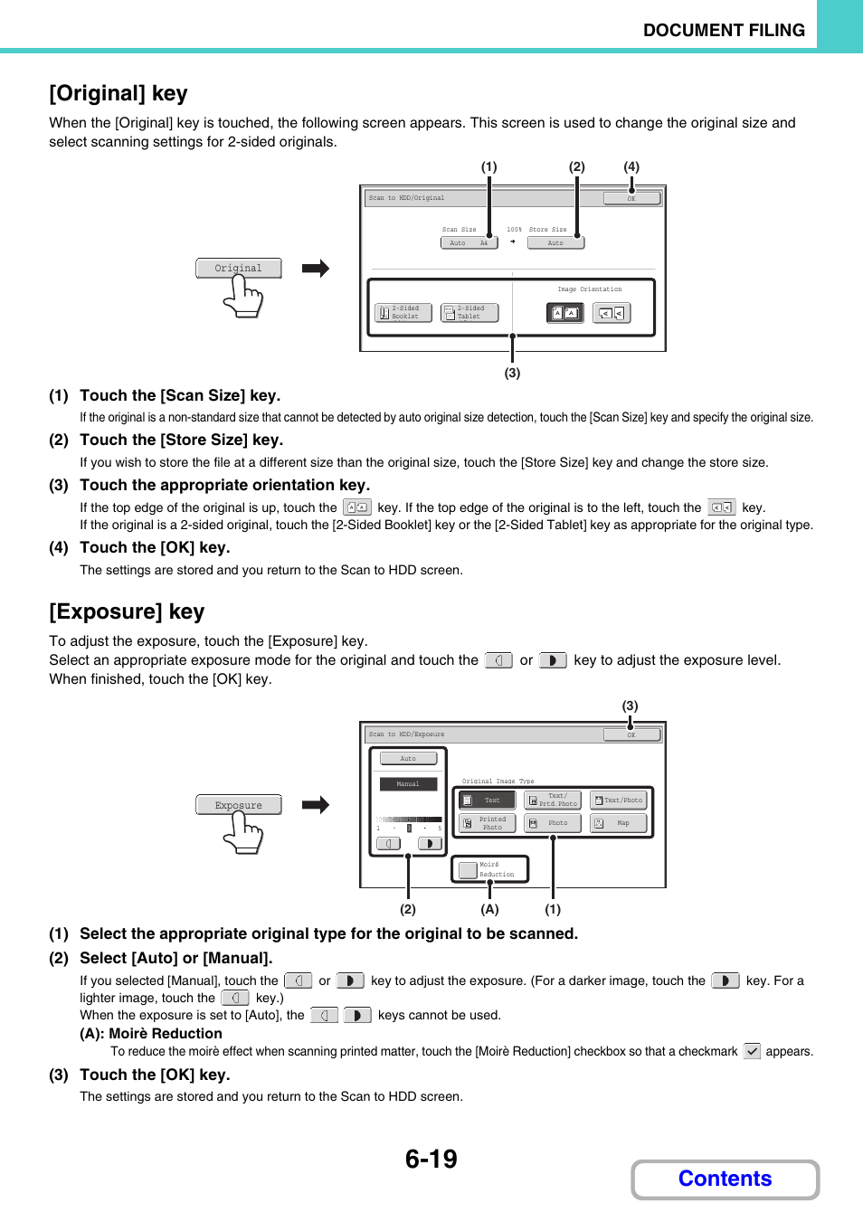 Original] key, Contents [original] key, Exposure] key | Document filing, 1) touch the [scan size] key, 2) touch the [store size] key, 3) touch the appropriate orientation key, 4) touch the [ok] key, 3) touch the [ok] key | Sharp MX-M264N User Manual | Page 599 / 794