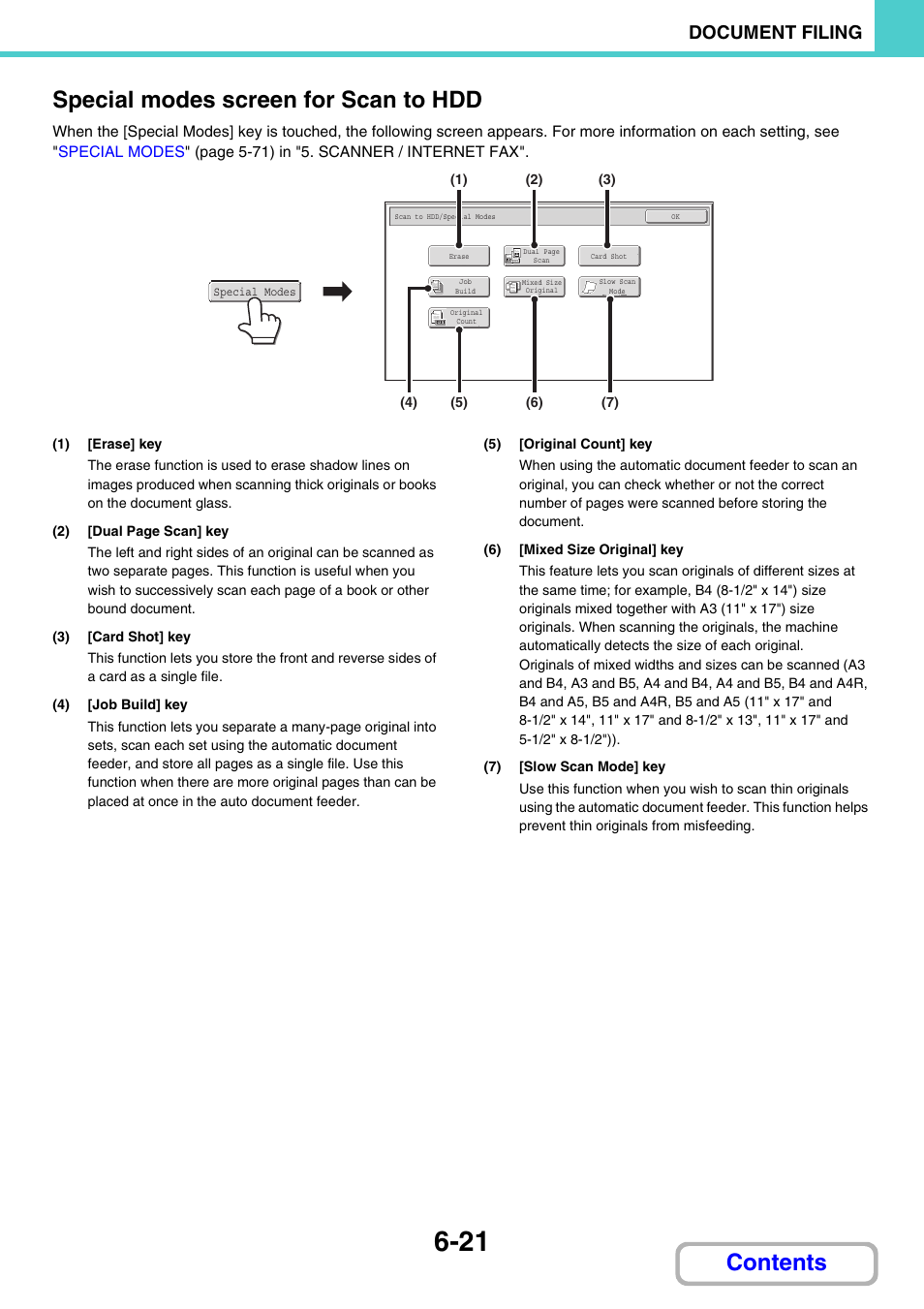 Special modes screen for scan to hdd, E 6-21, Contents special modes screen for scan to hdd | Document filing | Sharp MX-M264N User Manual | Page 601 / 794