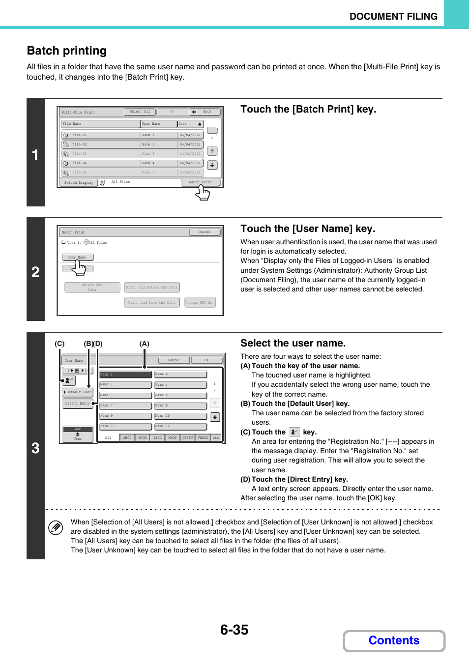 Batch printing, E 6-35), Contents batch printing | Touch the [batch print] key, Touch the [user name] key, Select the user name, Document filing | Sharp MX-M264N User Manual | Page 615 / 794