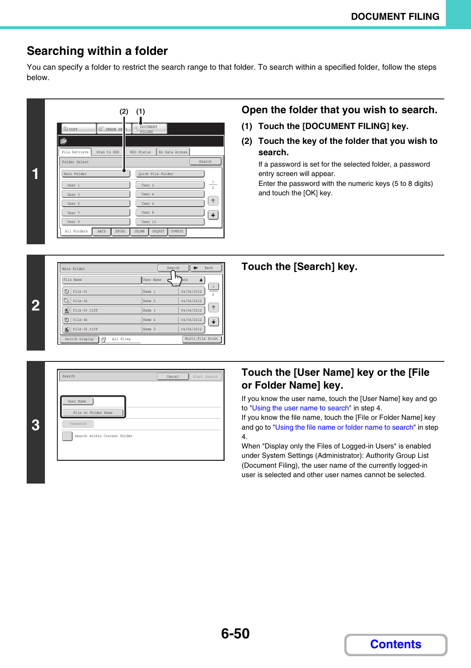 Contents searching within a folder, Open the folder that you wish to search, Touch the [search] key | Document filing | Sharp MX-M264N User Manual | Page 630 / 794