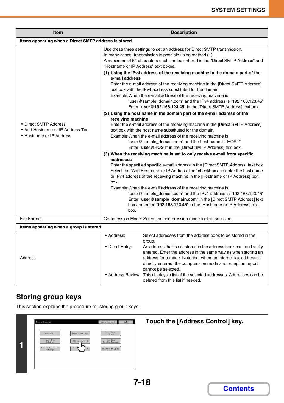 Storing group keys, Contents storing group keys, Touch the [address control] key | Sharp MX-M264N User Manual | Page 650 / 794