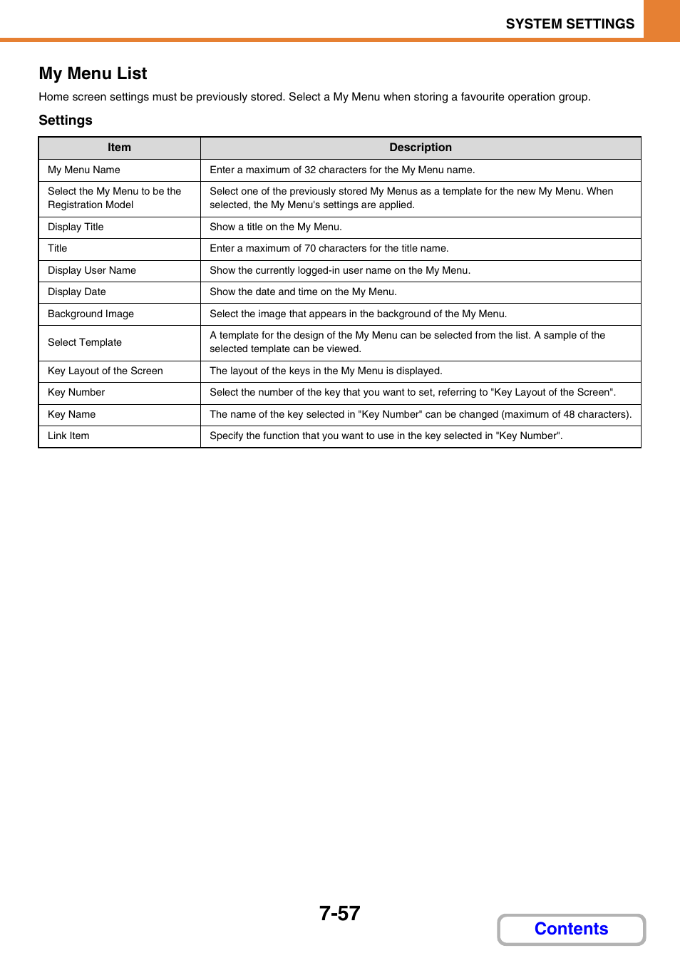 My menu list, Contents my menu list, System settings | Settings | Sharp MX-M264N User Manual | Page 689 / 794