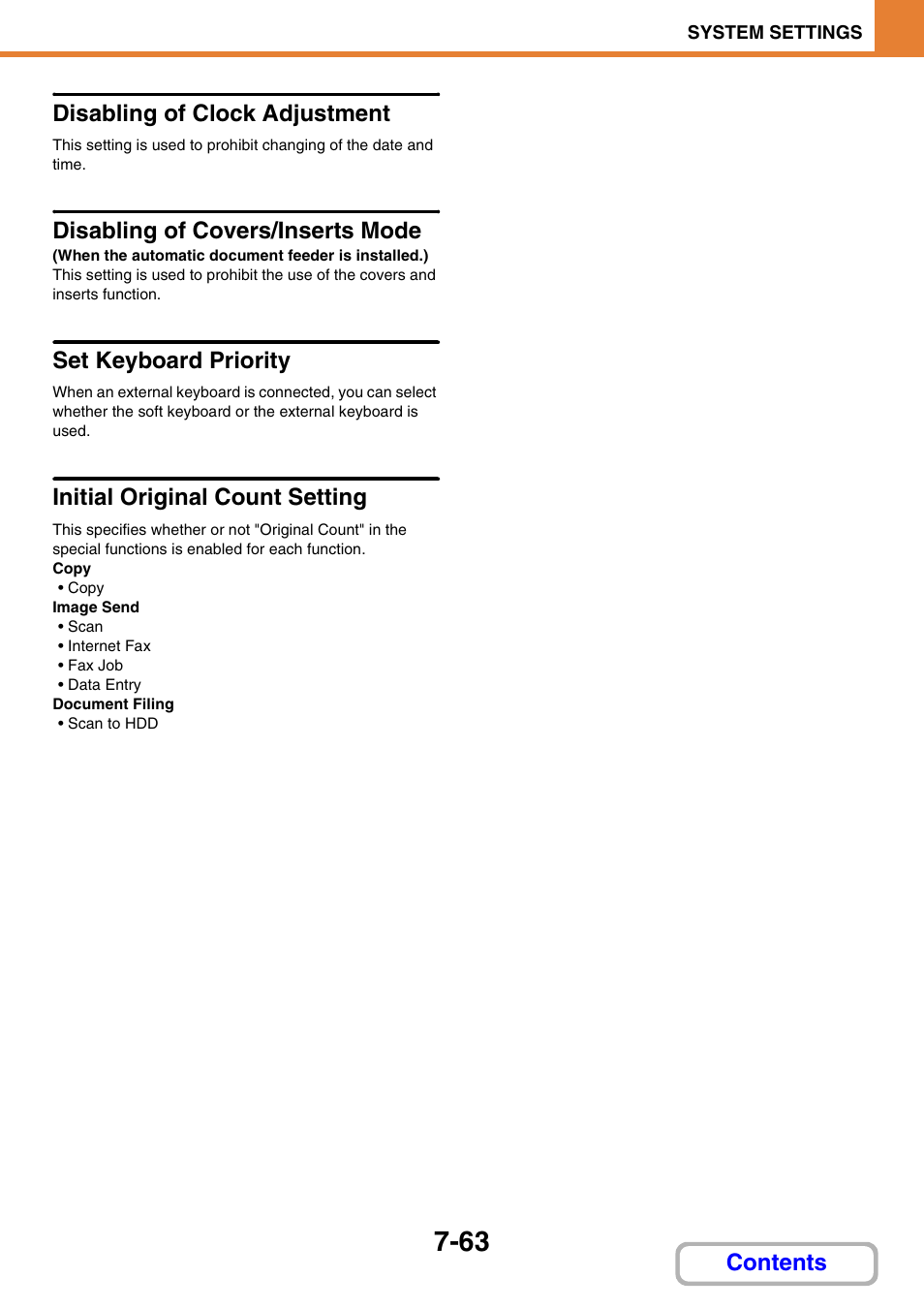 Disabling of clock adjustment, 63) h, Disabling of covers/inserts mode | Set keyboard priority, Initial original count setting, Contents disabling of clock adjustment | Sharp MX-M264N User Manual | Page 695 / 794