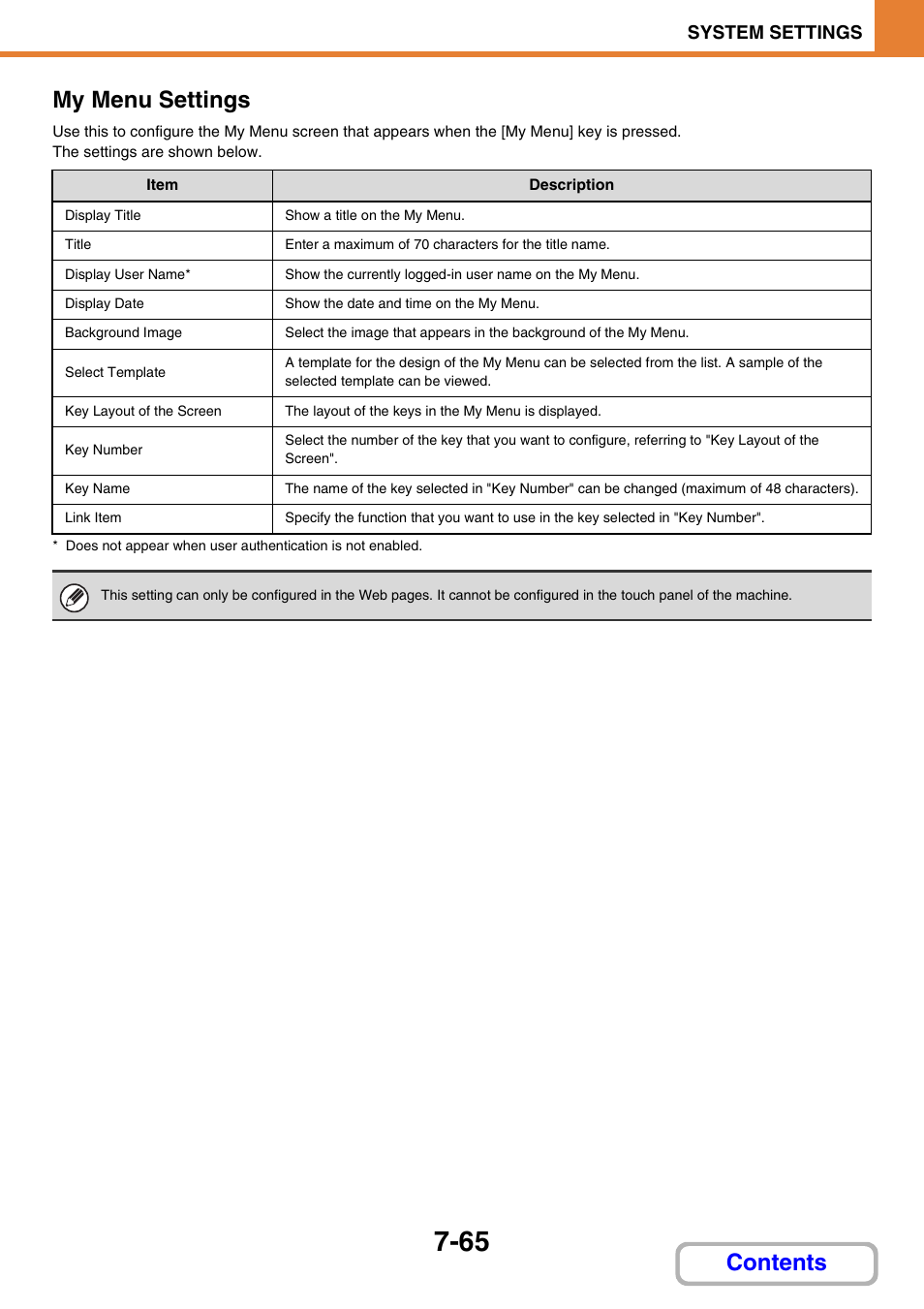 My menu settings, Contents my menu settings, System settings | Sharp MX-M264N User Manual | Page 697 / 794