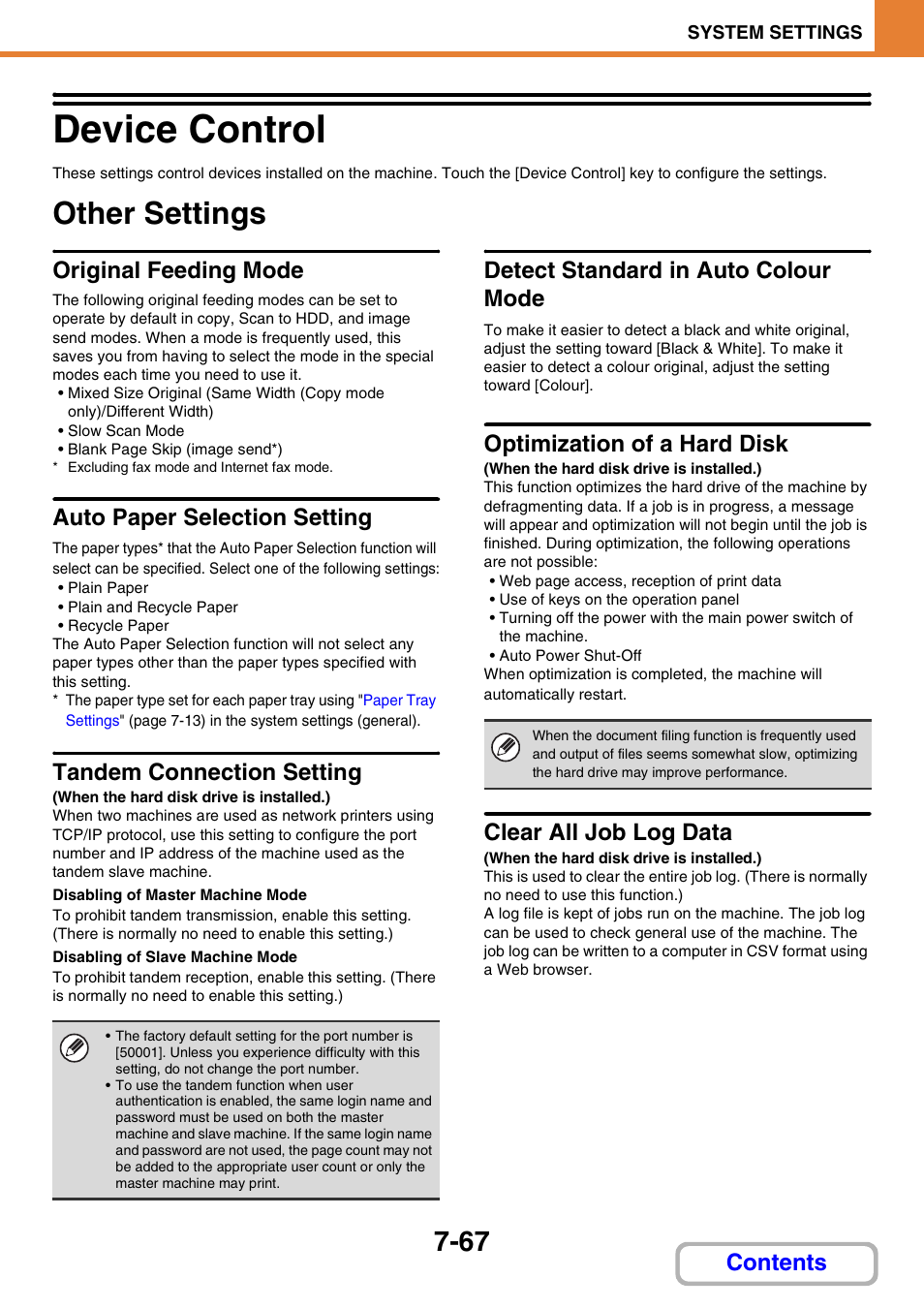 Device control -67, Other settings -67, Device control | Other settings, Original feeding mode, Auto paper selection setting, Tandem connection setting, Detect standard in auto colour mode, Optimization of a hard disk, Clear all job log data | Sharp MX-M264N User Manual | Page 699 / 794