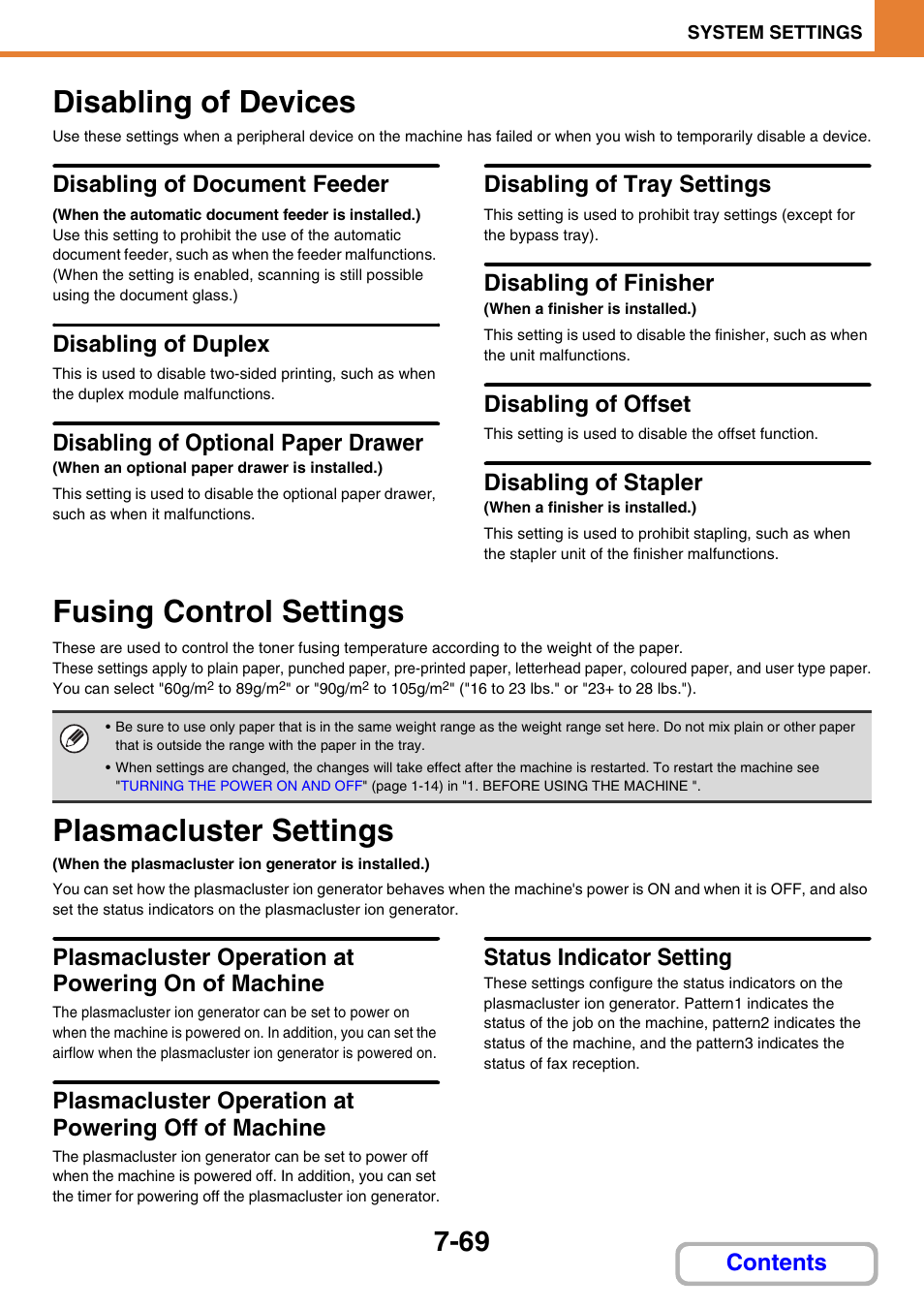 Disabling of devices -69, Fusing control settings -69, Plasmacluster settings -69 | Disabling of tray settings, 69) ha, Disabling of devices, Disabling of document feeder, Disabling of duplex, Disabling of optional paper drawer, Disabling of finisher | Sharp MX-M264N User Manual | Page 701 / 794