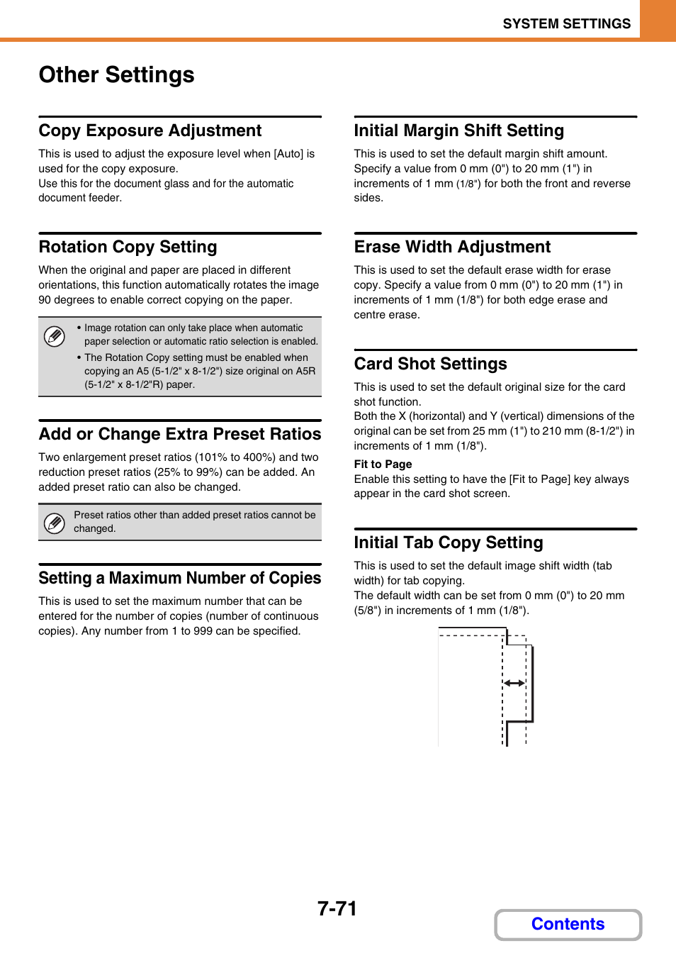 Other settings -71, Other settings, Copy exposure adjustment | Rotation copy setting, Add or change extra preset ratios, Setting a maximum number of copies, Initial margin shift setting, Erase width adjustment, Card shot settings, Initial tab copy setting | Sharp MX-M264N User Manual | Page 703 / 794