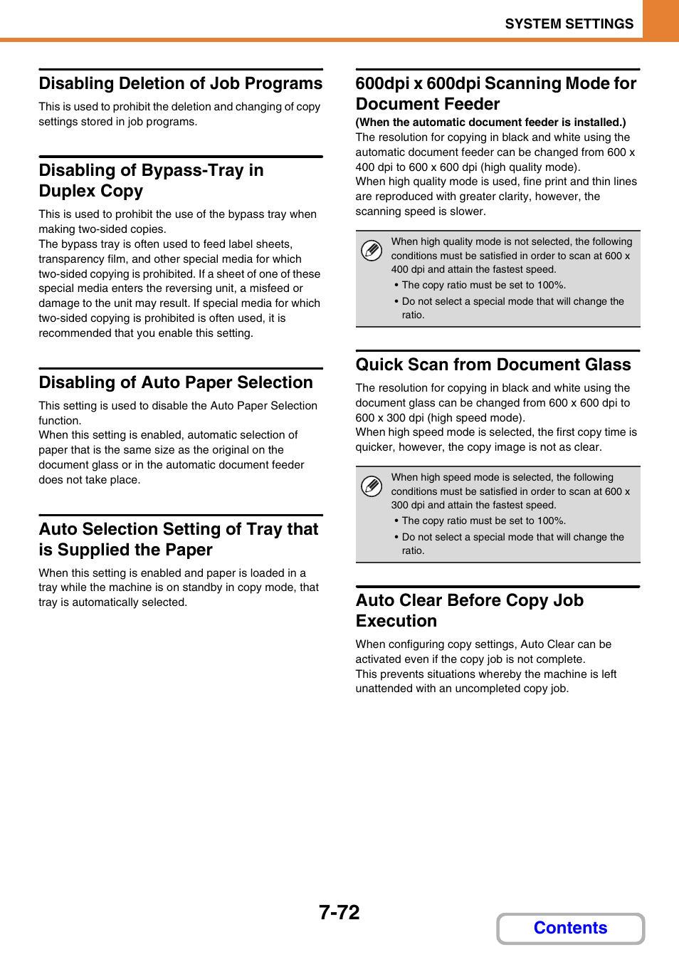 Disabling deletion of job programs, Disabling of bypass-tray in duplex copy, Disabling of auto paper selection | 600dpi x 600dpi scanning mode for document feeder, Quick scan from document glass, Auto clear before copy job execution, Contents disabling deletion of job programs | Sharp MX-M264N User Manual | Page 704 / 794