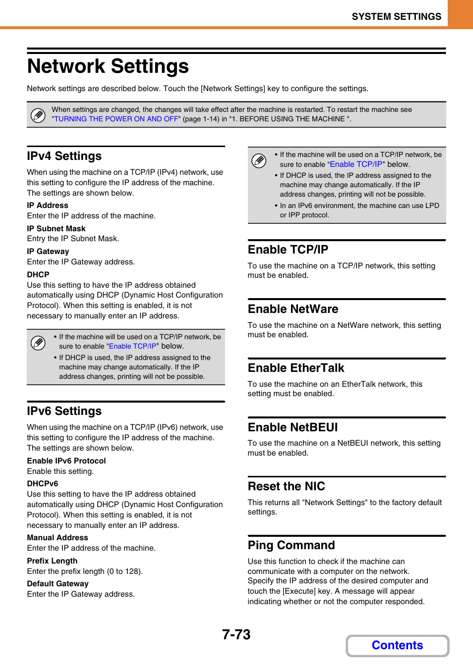 Network settings -73, Network settings, Ipv4 settings | Ipv6 settings, Enable tcp/ip, Enable netware, Enable ethertalk, Enable netbeui, Reset the nic, Ping command | Sharp MX-M264N User Manual | Page 705 / 794