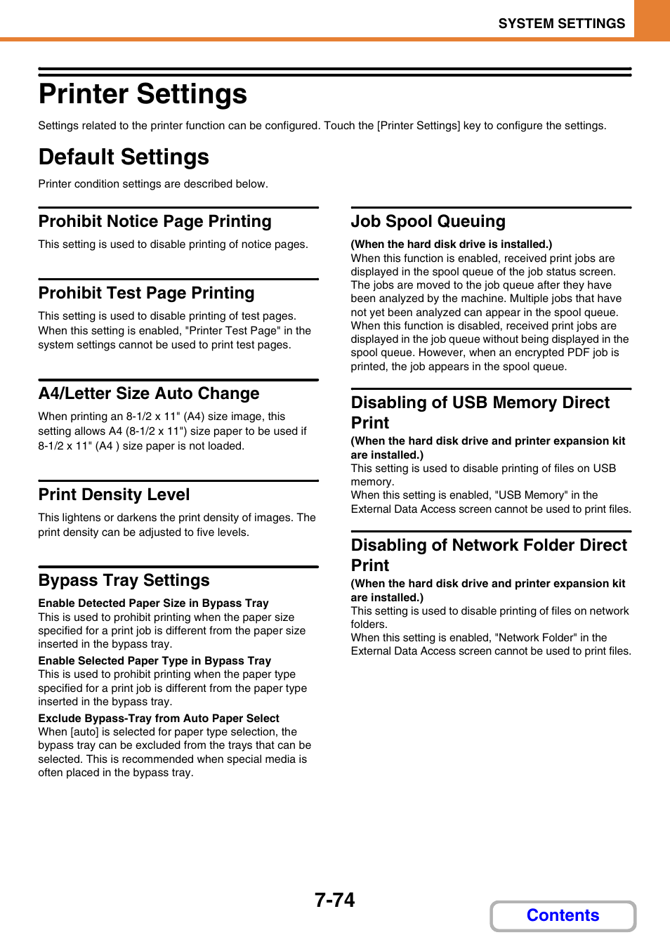 Printer settings -74, Default settings -74, 74) h | Printer settings, Default settings, A4/letter size auto change, Print density level, Bypass tray settings, Enable detected paper size in bypass tray, Enable selected paper type in bypass tray | Sharp MX-M264N User Manual | Page 706 / 794