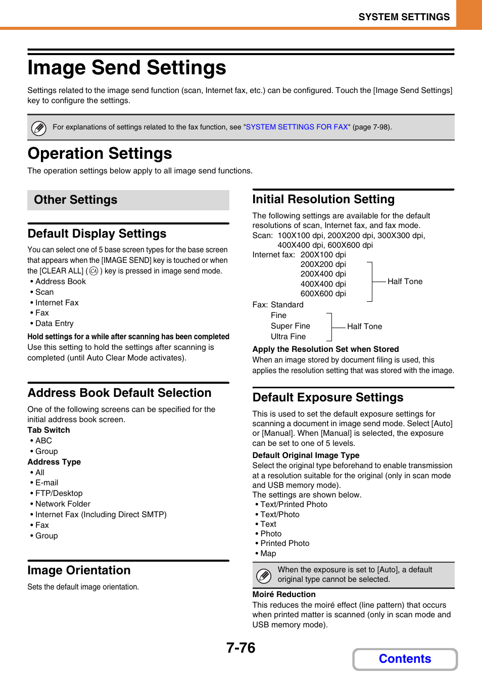 Image send settings -76, Operation settings -76, Image send settings | Operation settings, Other settings, Default display settings, Address book default selection, Image orientation, Initial resolution setting, Default exposure settings | Sharp MX-M264N User Manual | Page 708 / 794