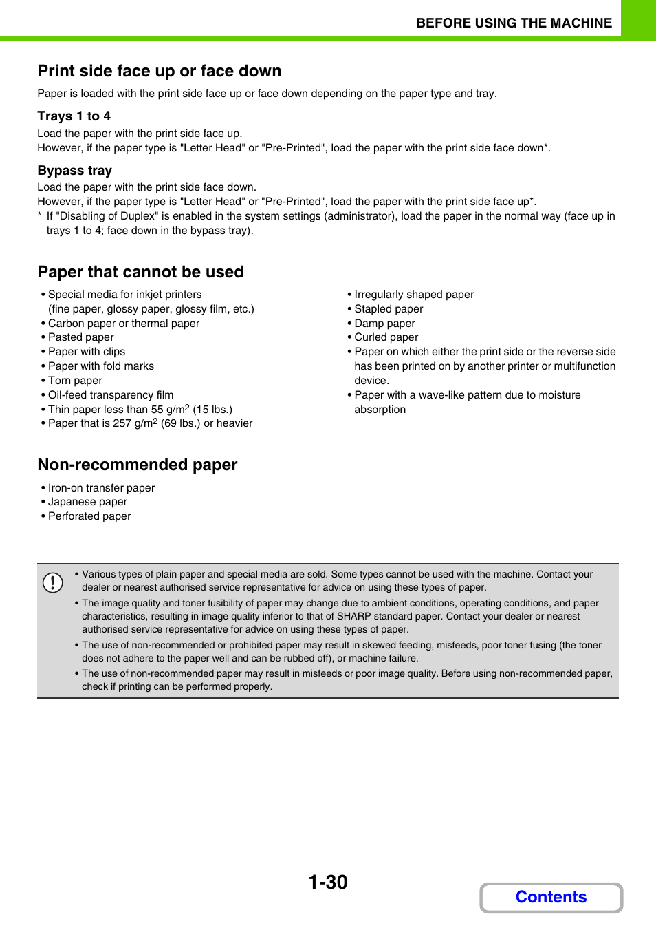 Contents print side face up or face down, Paper that cannot be used, Non-recommended paper | Sharp MX-M264N User Manual | Page 71 / 794