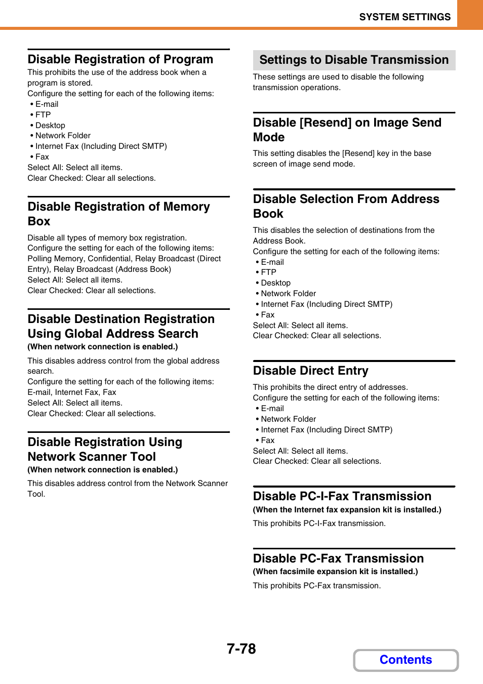 Disable registration of program, Disable registration of memory box, Disable registration using network scanner tool | Settings to disable transmission, Disable [resend] on image send mode, Disable selection from address book, Disable direct entry, Disable pc-i-fax transmission, Disable pc-fax transmission, Contents disable registration of program | Sharp MX-M264N User Manual | Page 710 / 794