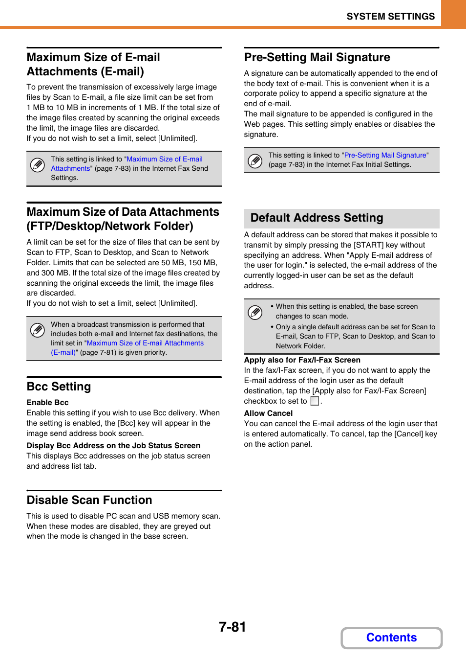 Default address setting, E 7-81) o, Maximum size of e-mail attachments (e-mail) | Bcc setting, Disable scan function, Pre-setting mail signature | Sharp MX-M264N User Manual | Page 713 / 794