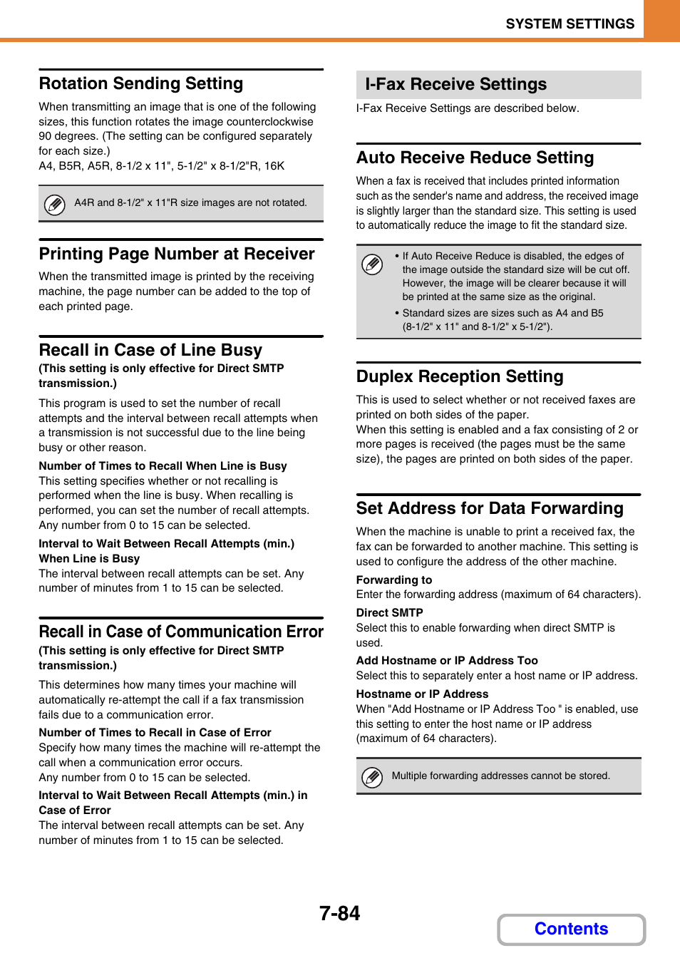 Set address for data forwarding, Ge 7-84) in, Rotation sending setting | Recall in case of line busy, Recall in case of communication error, I-fax receive settings, Auto receive reduce setting, Duplex reception setting, Contents rotation sending setting, Printing page number at receiver | Sharp MX-M264N User Manual | Page 716 / 794