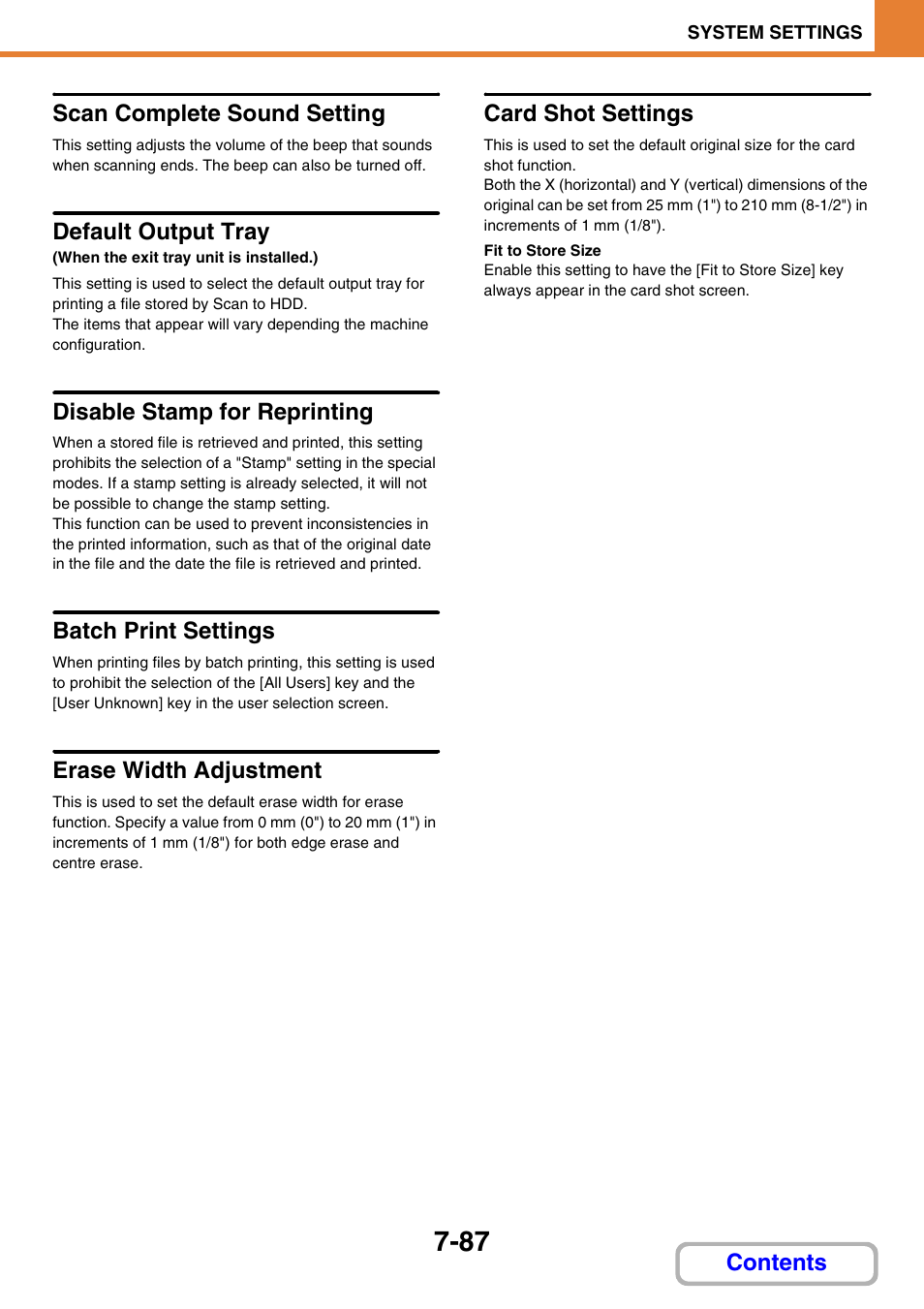 Scan complete sound setting, Default output tray, Disable stamp for reprinting | Batch print settings, Erase width adjustment, Card shot settings, Contents scan complete sound setting | Sharp MX-M264N User Manual | Page 719 / 794