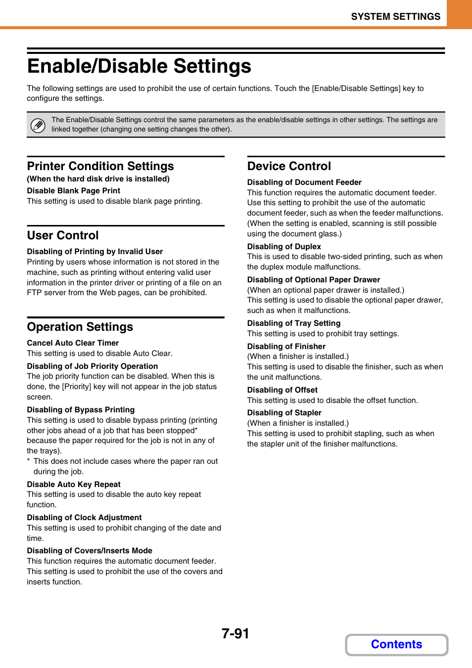 Enable/disable settings -91, Enable/disable settings, Printer condition settings | When the hard disk drive is installed), User control, Disabling of printing by invalid user, Operation settings, Cancel auto clear timer, Disabling of job priority operation, Disabling of bypass printing | Sharp MX-M264N User Manual | Page 723 / 794