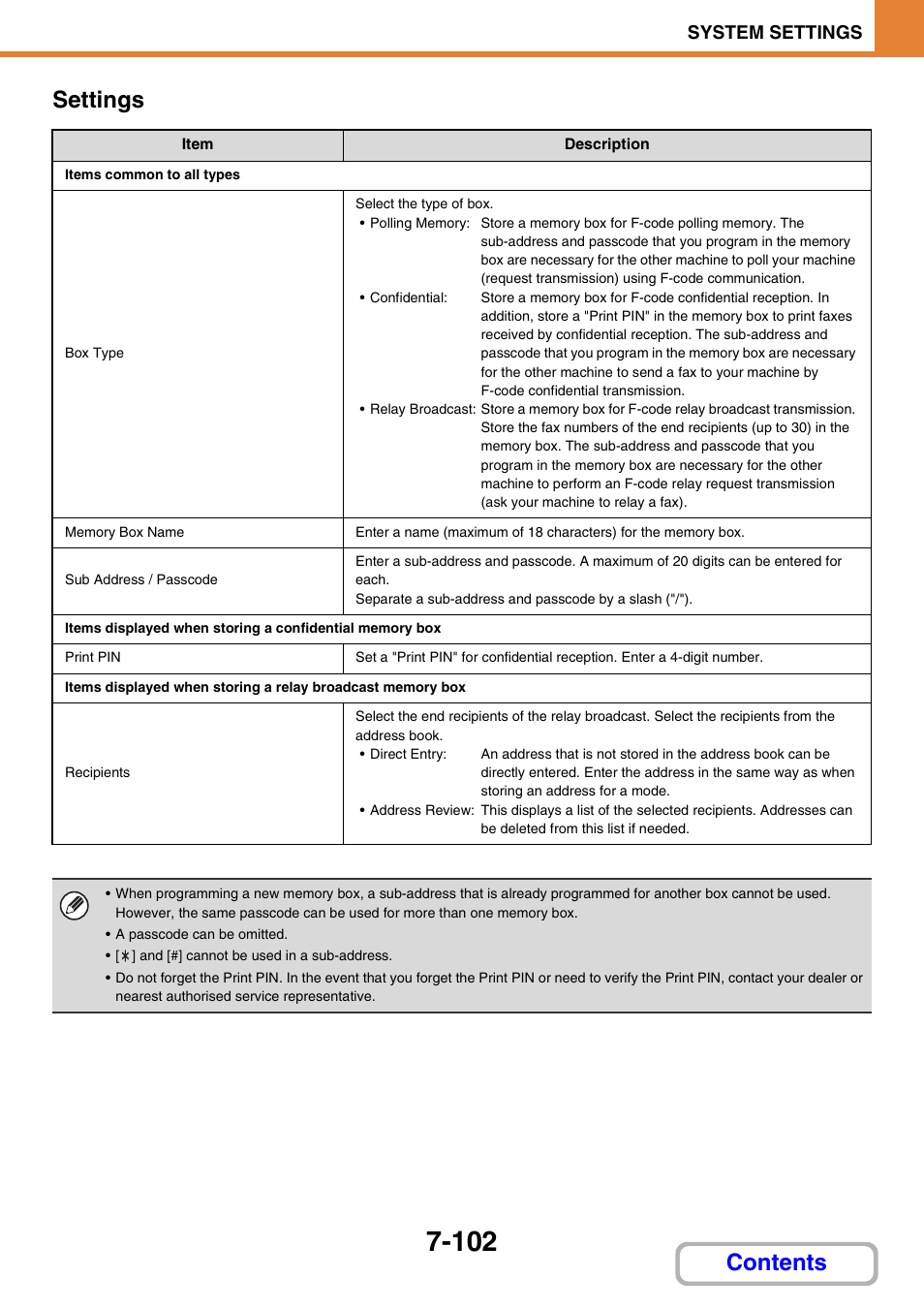 Settings, E 7-102, Contents settings | System settings | Sharp MX-M264N User Manual | Page 734 / 794