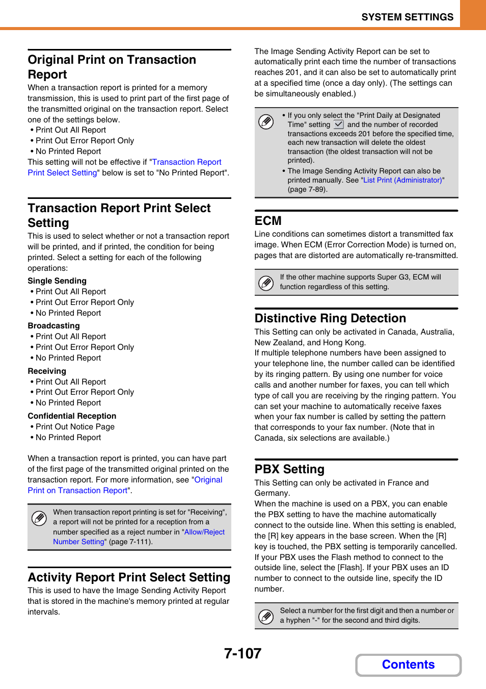 Original print on transaction report, Transaction report print select setting, Activity report print select setting | Distinctive ring detection, Pbx setting, Contents original print on transaction report | Sharp MX-M264N User Manual | Page 739 / 794