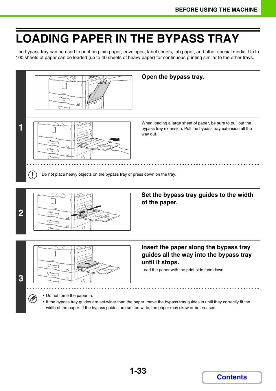Loading paper in the bypass tray -33, Loading paper in the bypass tray | Sharp MX-M264N User Manual | Page 74 / 794
