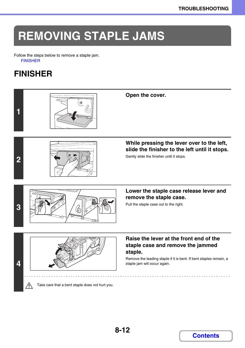 Removing staple jams, Finisher -12, Finisher | Sharp MX-M264N User Manual | Page 758 / 794