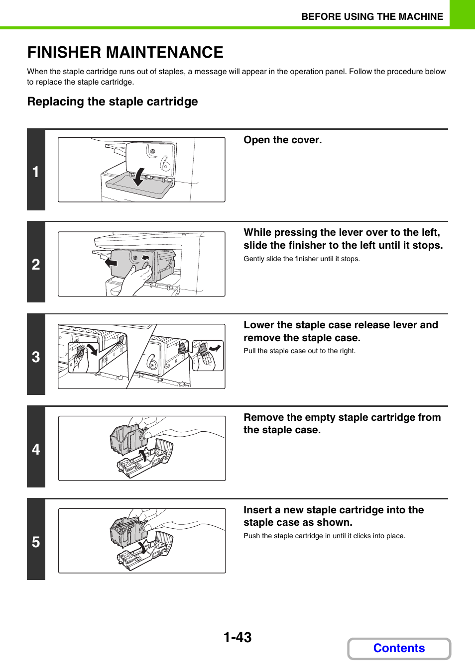 Replace the, Staple cartridge, Finisher maintenance -43 | Finisher maintenance | Sharp MX-M264N User Manual | Page 84 / 794