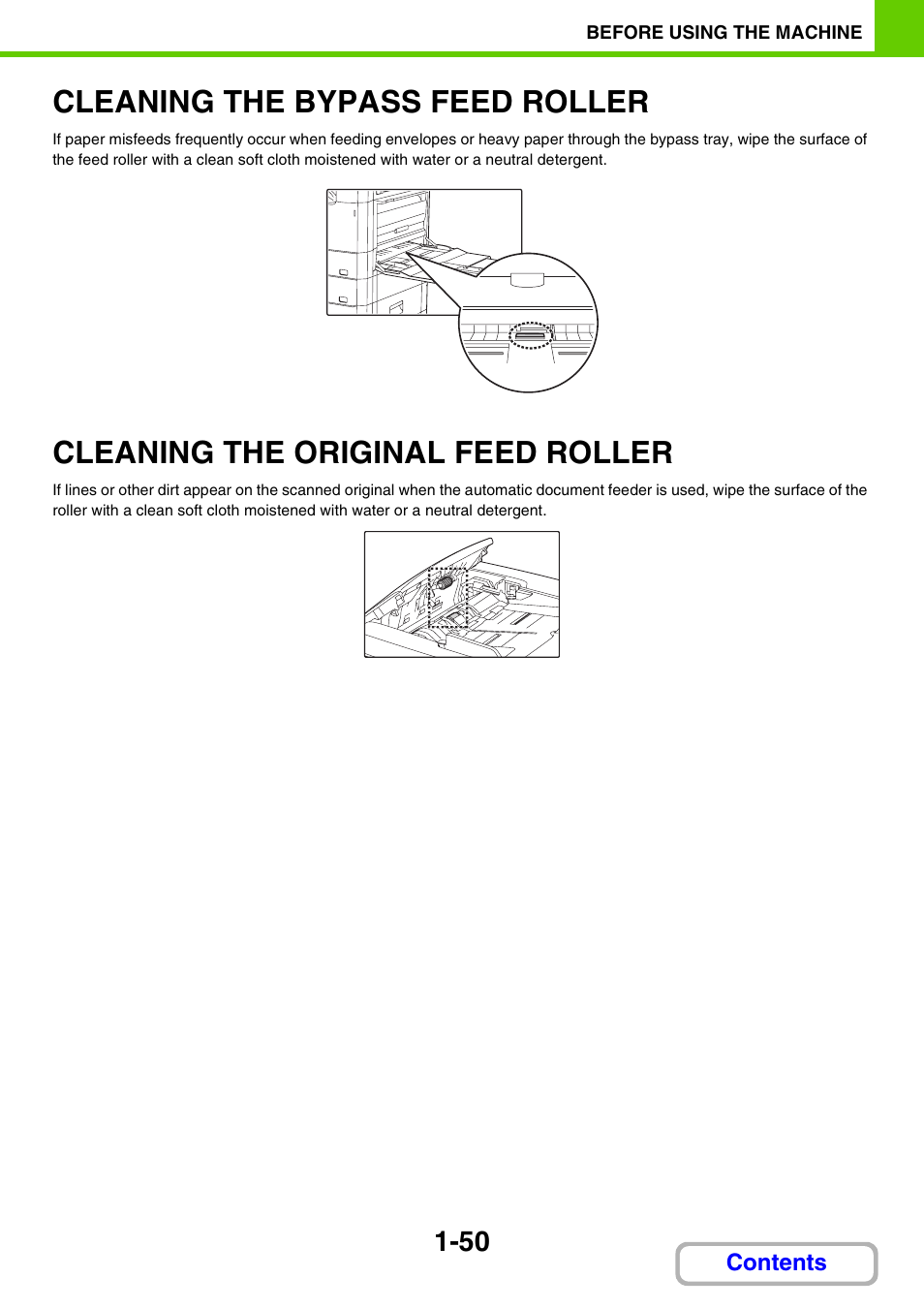 Cleaning the bypass feed roller -50, Cleaning the original feed, Roller -50 | Cleaning the bypass feed roller, Cleaning the original feed roller | Sharp MX-M264N User Manual | Page 91 / 794