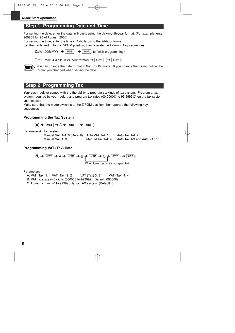 Step 1 programming date and time, Step 2 programming tax | Sharp XE-A102B User Manual | Page 10 / 140