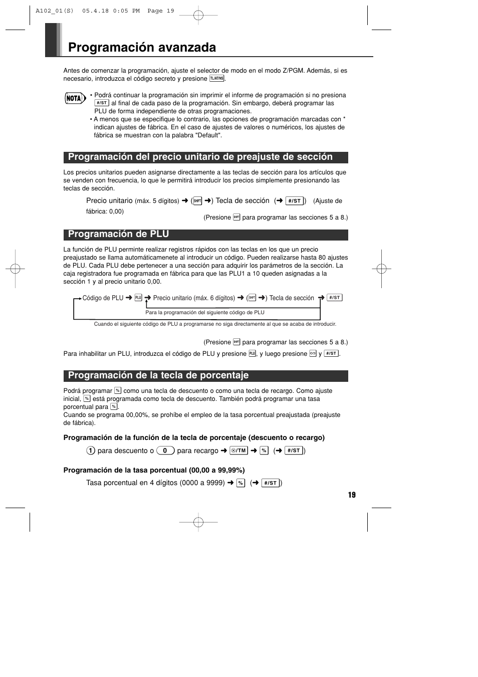 Programación avanzada, Programación de plu, Programación de la tecla de porcentaje | Sharp XE-A102B User Manual | Page 103 / 140