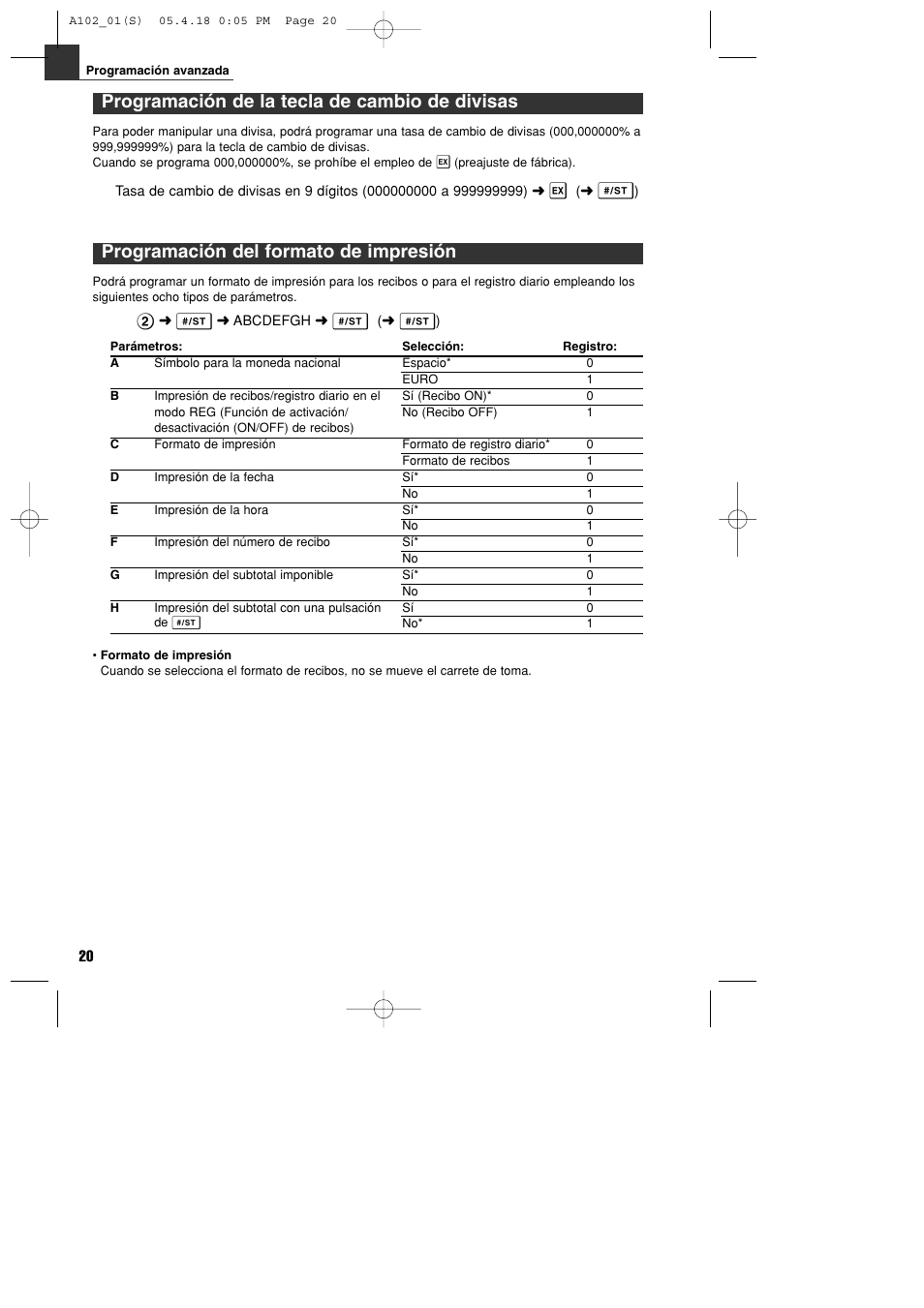 Programación de la tecla de cambio de divisas, Programación del formato de impresión | Sharp XE-A102B User Manual | Page 104 / 140