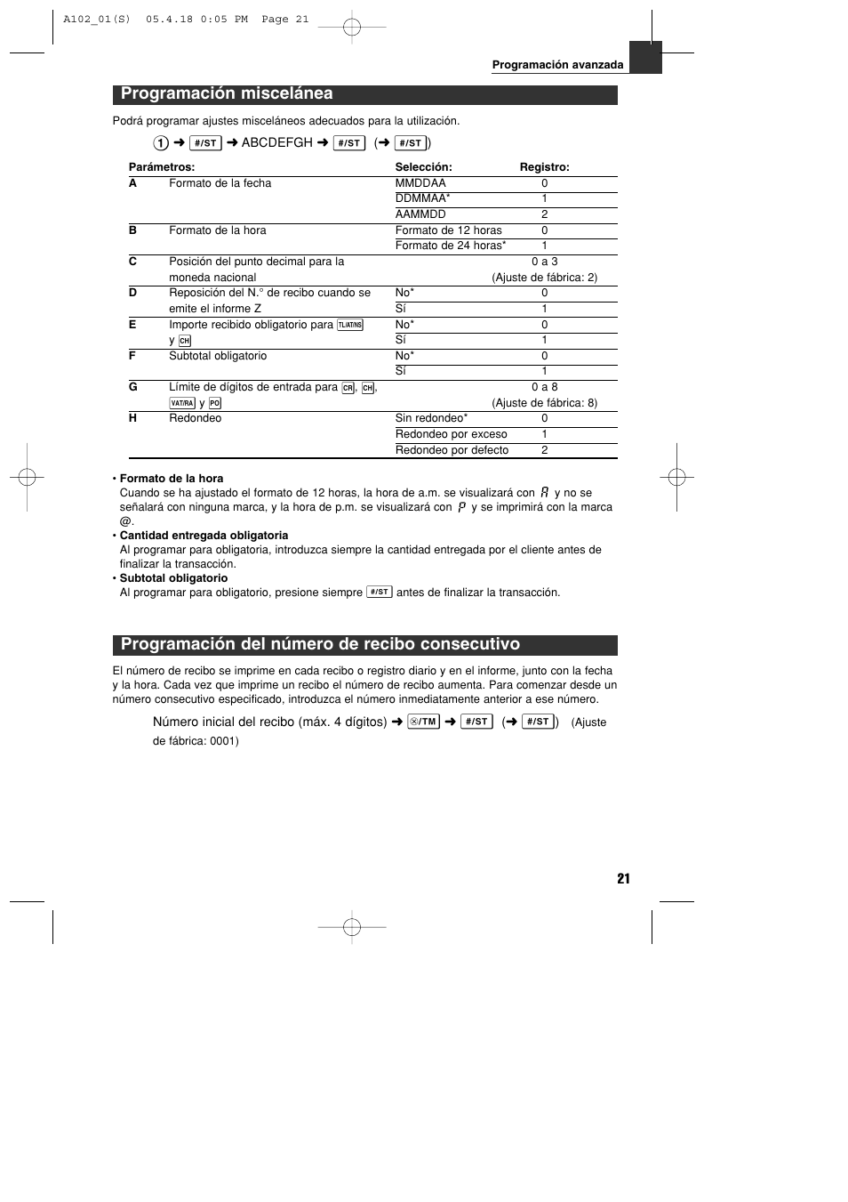 Programación del número de recibo consecutivo, Programación miscelánea | Sharp XE-A102B User Manual | Page 105 / 140