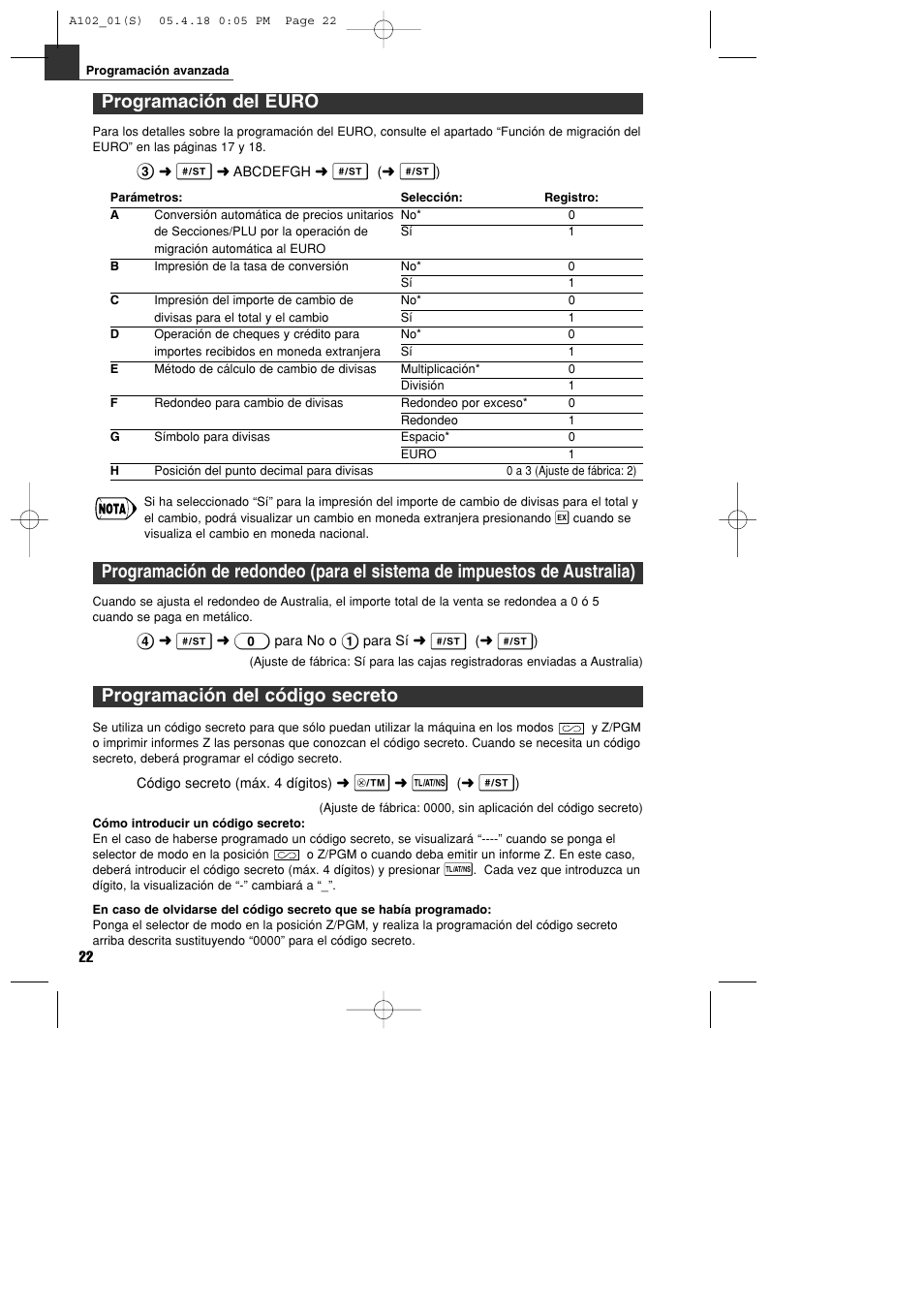 Programación del euro, Programación del código secreto | Sharp XE-A102B User Manual | Page 106 / 140