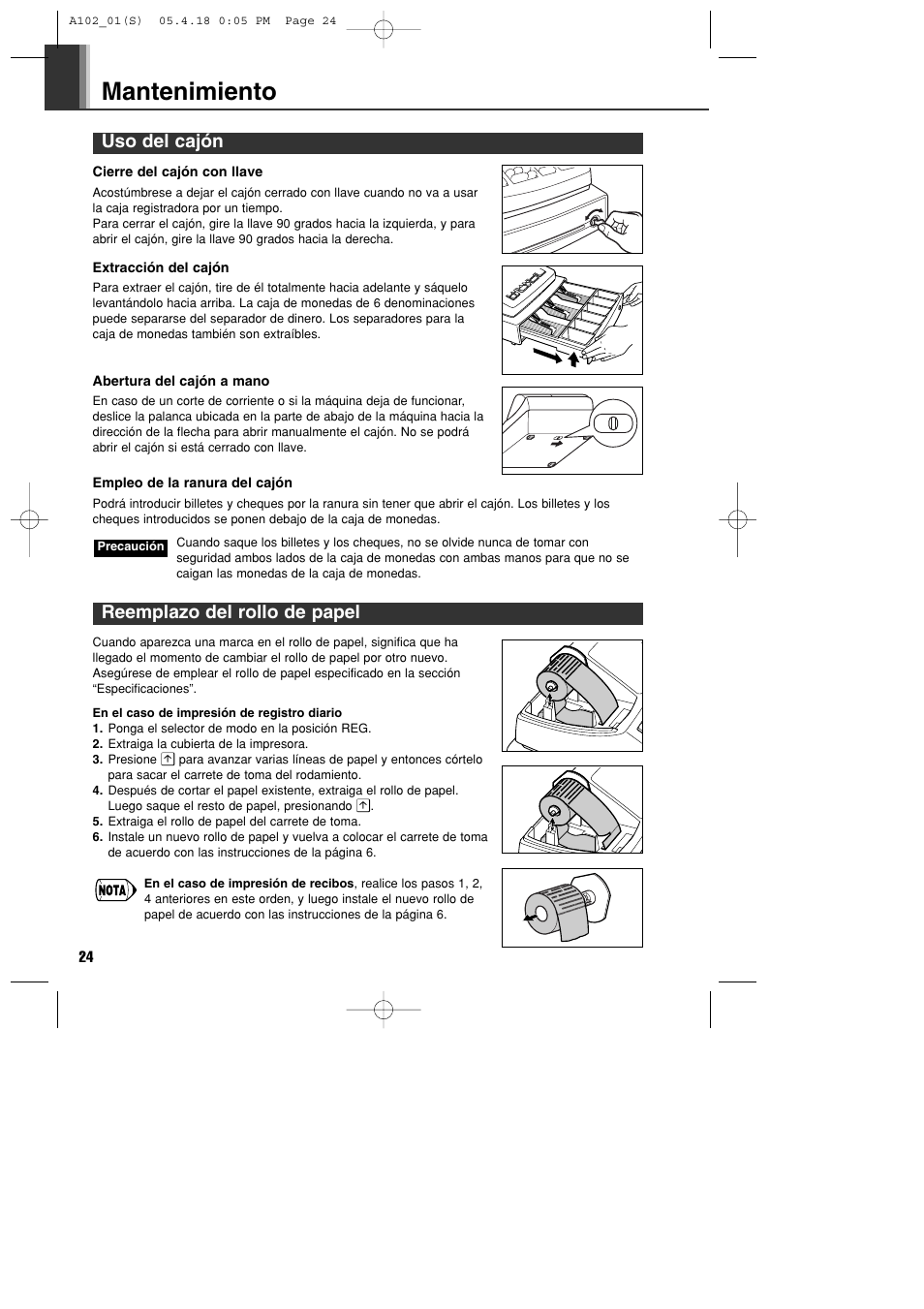 Mantenimiento, Uso del cajón, Reemplazo del rollo de papel | Sharp XE-A102B User Manual | Page 108 / 140