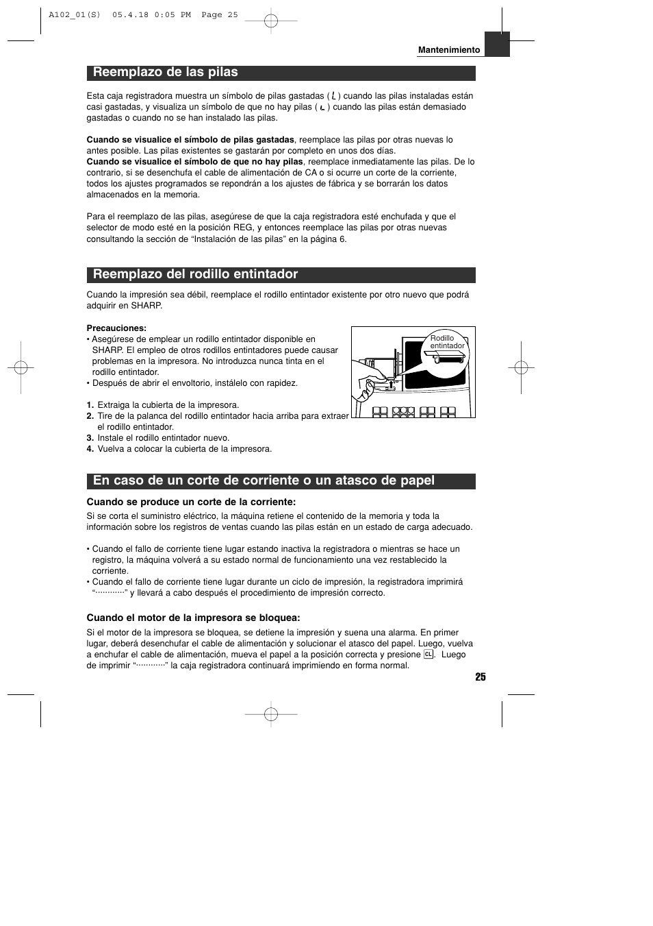 Reemplazo del rodillo entintador, Reemplazo de las pilas | Sharp XE-A102B User Manual | Page 109 / 140